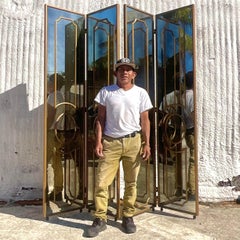 Vintage Regency Gilt Mullion Smoked Mirror Folding Screen