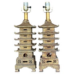 Vintage Regency Gilt Pagoda Table Lamps, a Pair