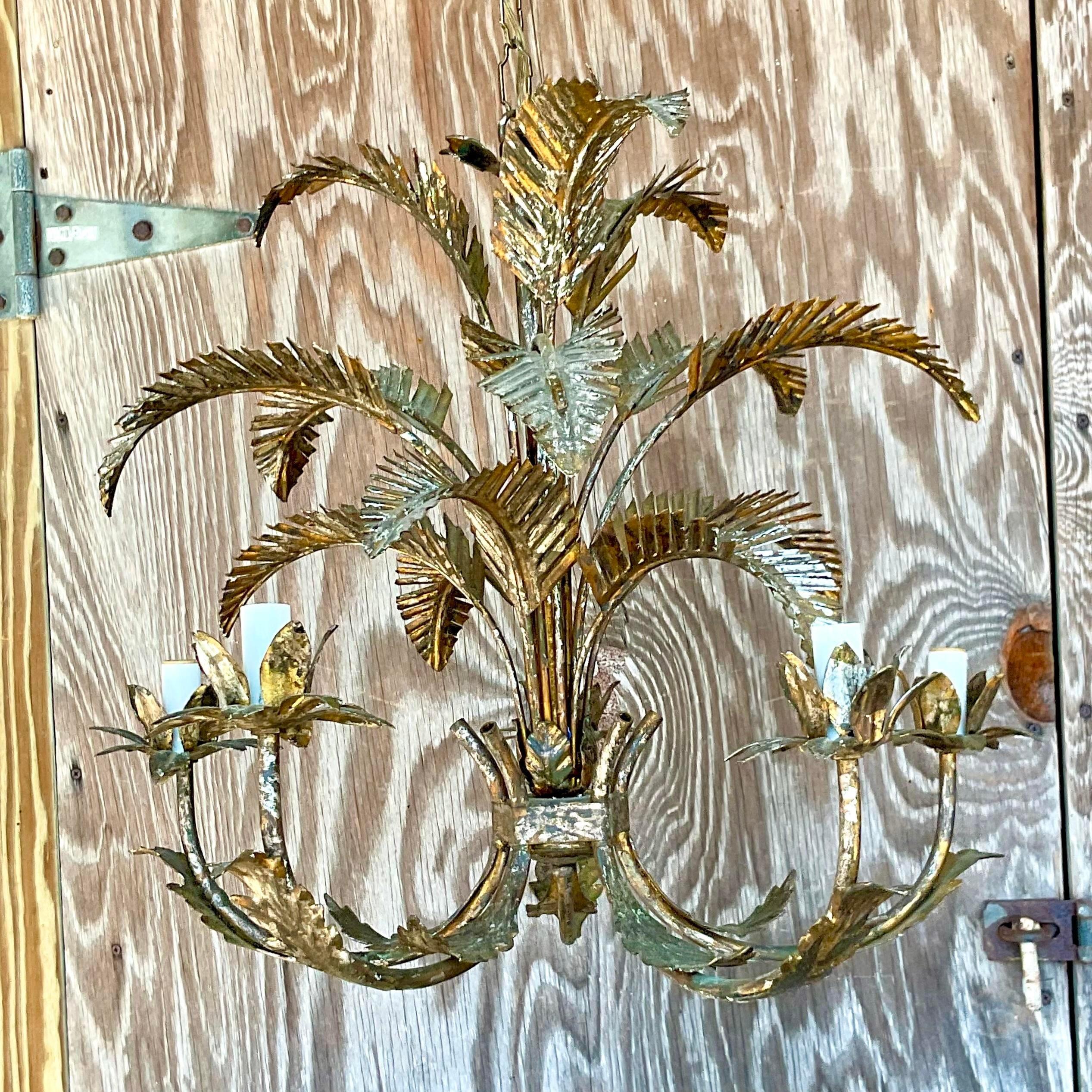 North American Vintage Regency Gilt Palm Frond Chandelier