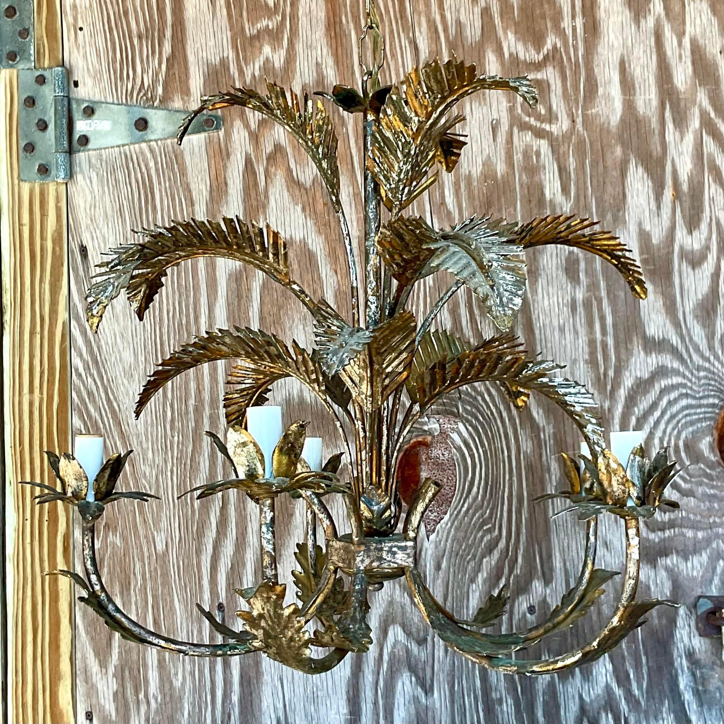 20th Century Vintage Regency Gilt Palm Frond Chandelier