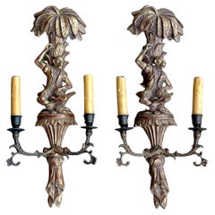 Vintage Regency Gilt Palm Monkey Sconces - a Pair