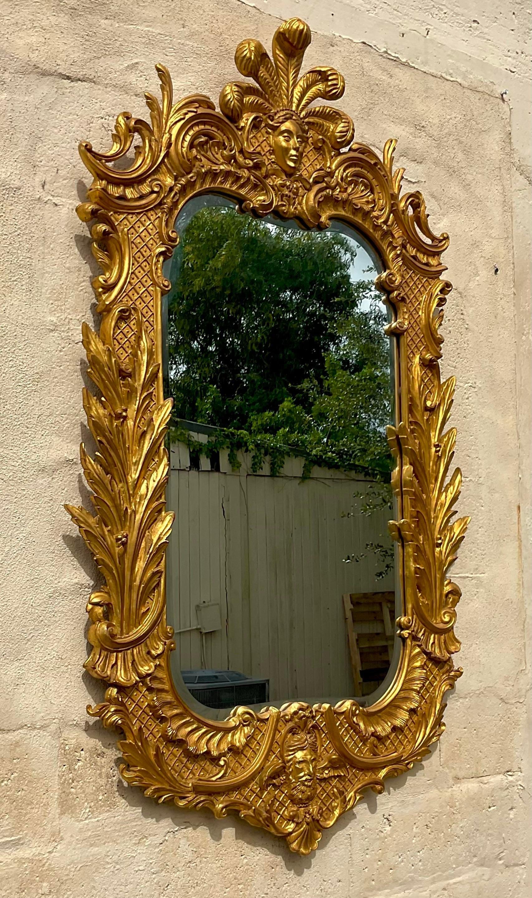 Italian Vintage Regency Gilt Plumed Monarch Mirror After Carvers Guild For Sale