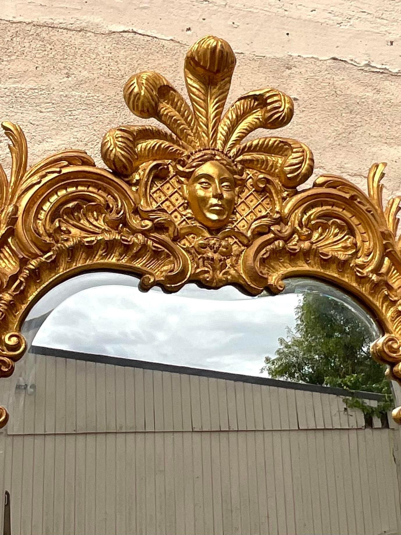 20th Century Vintage Regency Gilt Plumed Monarch Mirror After Carvers Guild For Sale