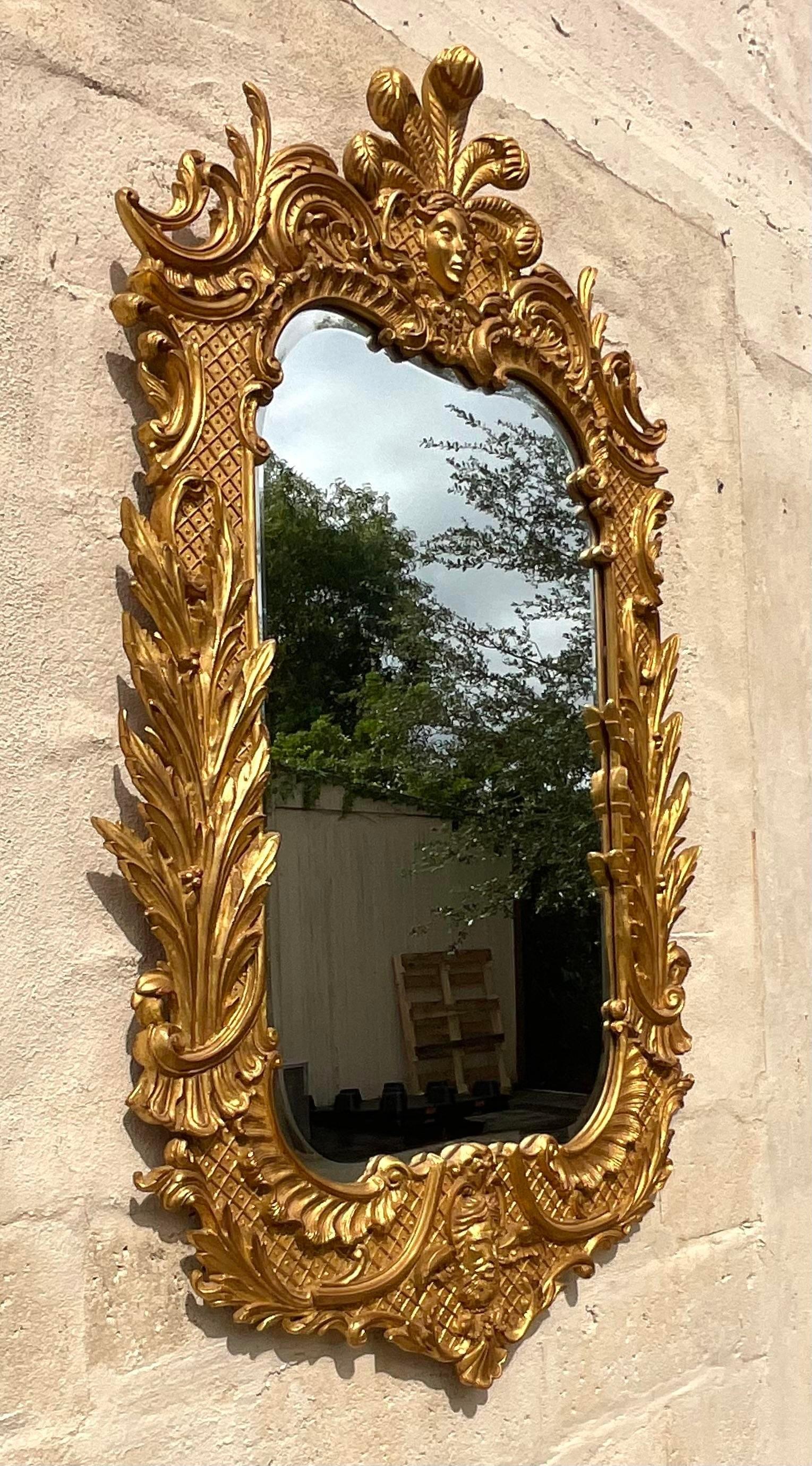 Vintage Regency Gilt Plumed Monarch Mirror After Carvers Guild For Sale 4