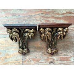 Paire de consoles de palmier Vintage Regency à pointes dorées