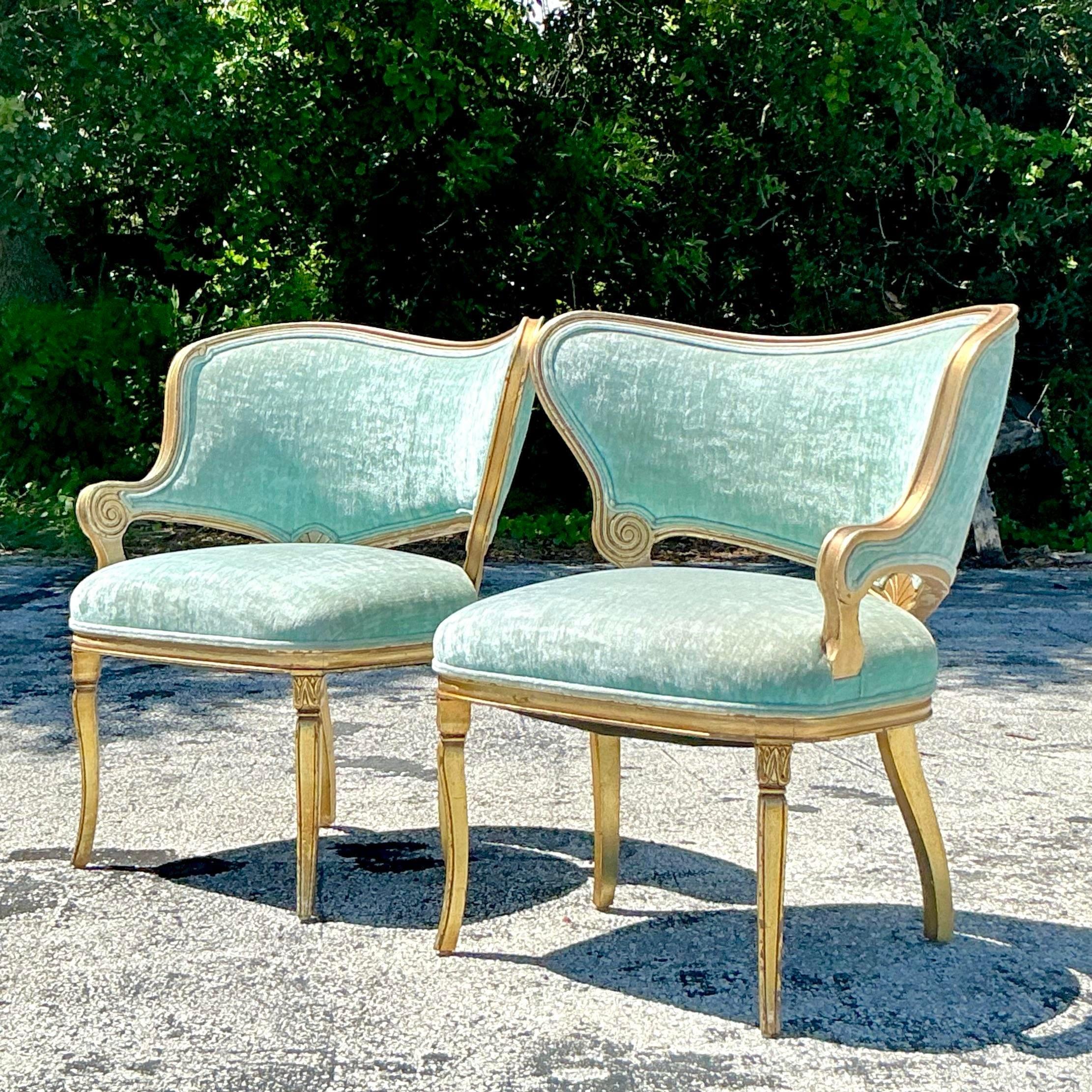Vintage Regency Gilt Tipped Scroll Chairs - a Pair In Good Condition For Sale In West Palm Beach, FL