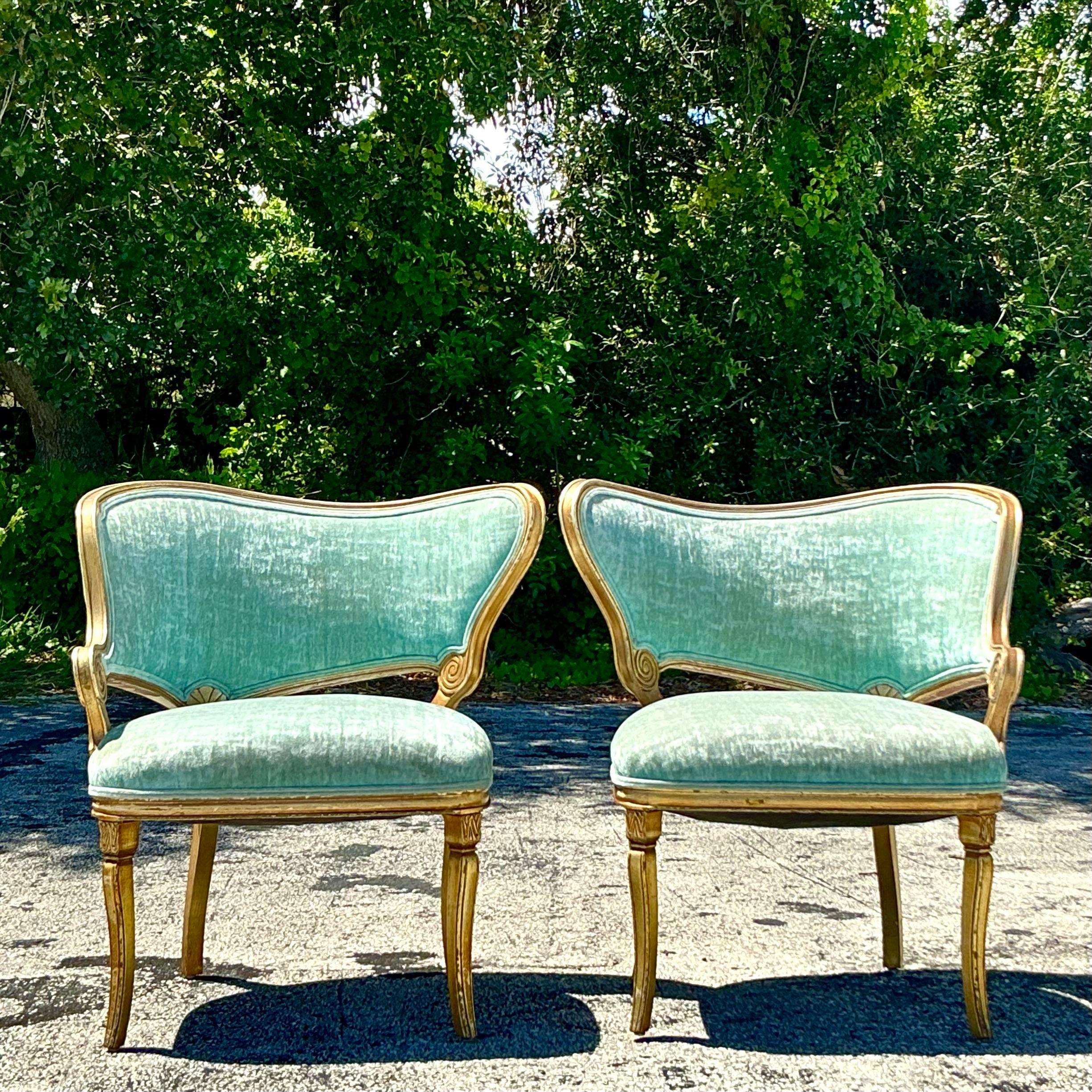 Velvet Vintage Regency Gilt Tipped Scroll Chairs - a Pair For Sale