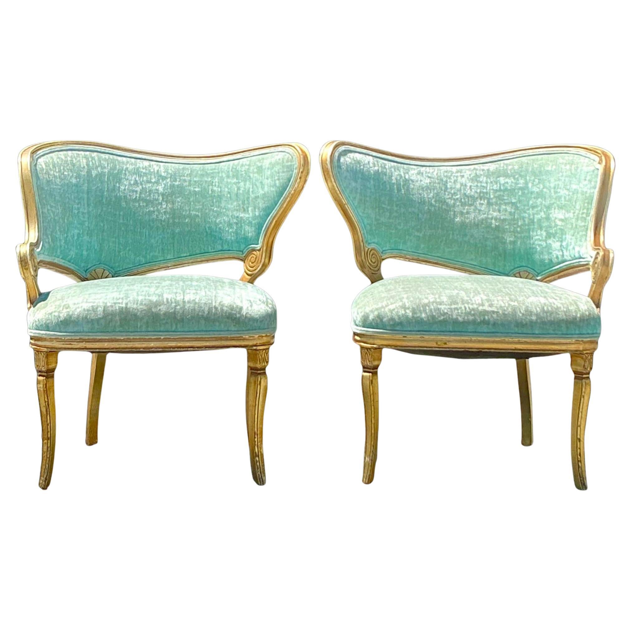 Vintage Regency Gilt Tipped Scroll Chairs - a Pair