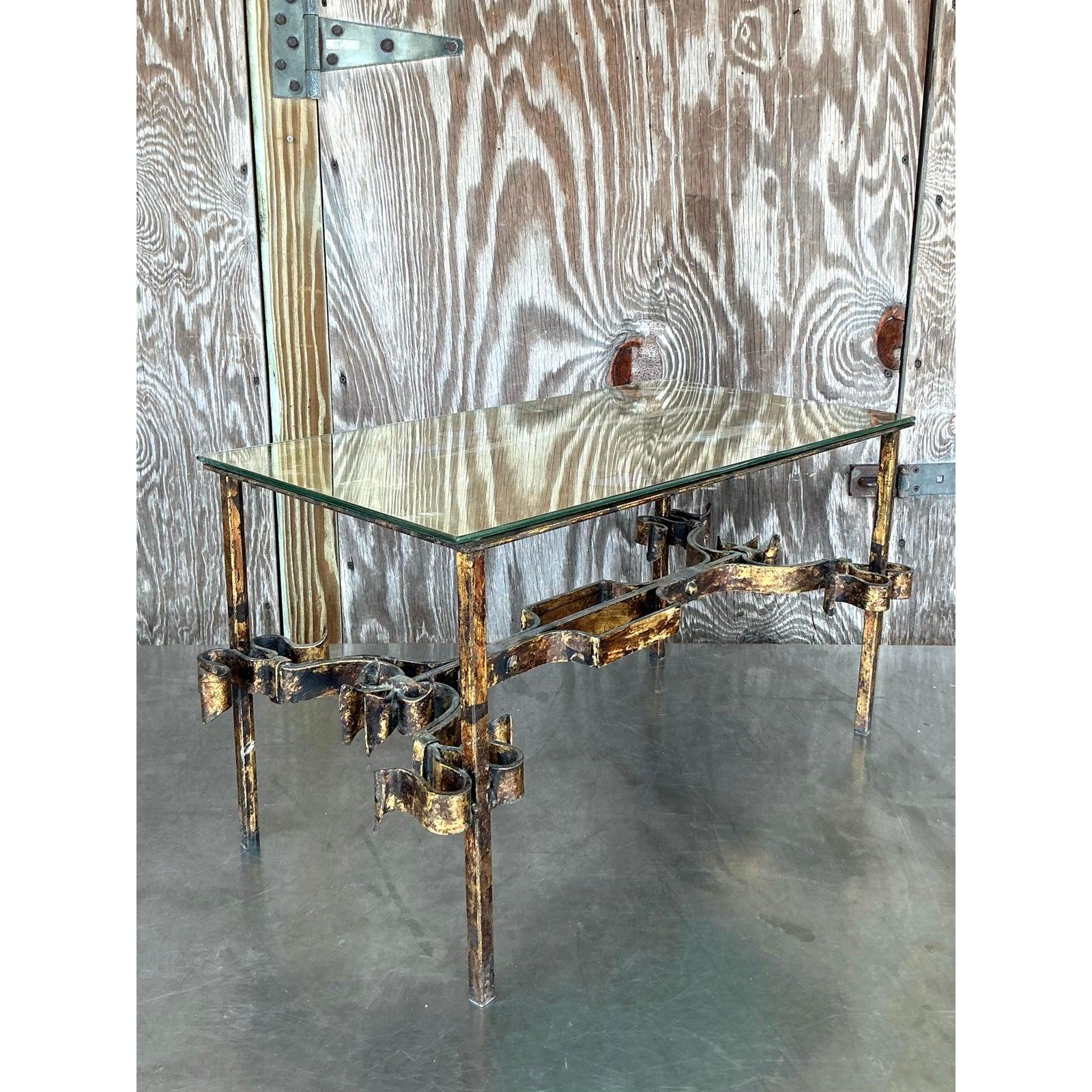 Vintage Regency Gilt Tipped Wrought Iron Coffee Table For Sale 3