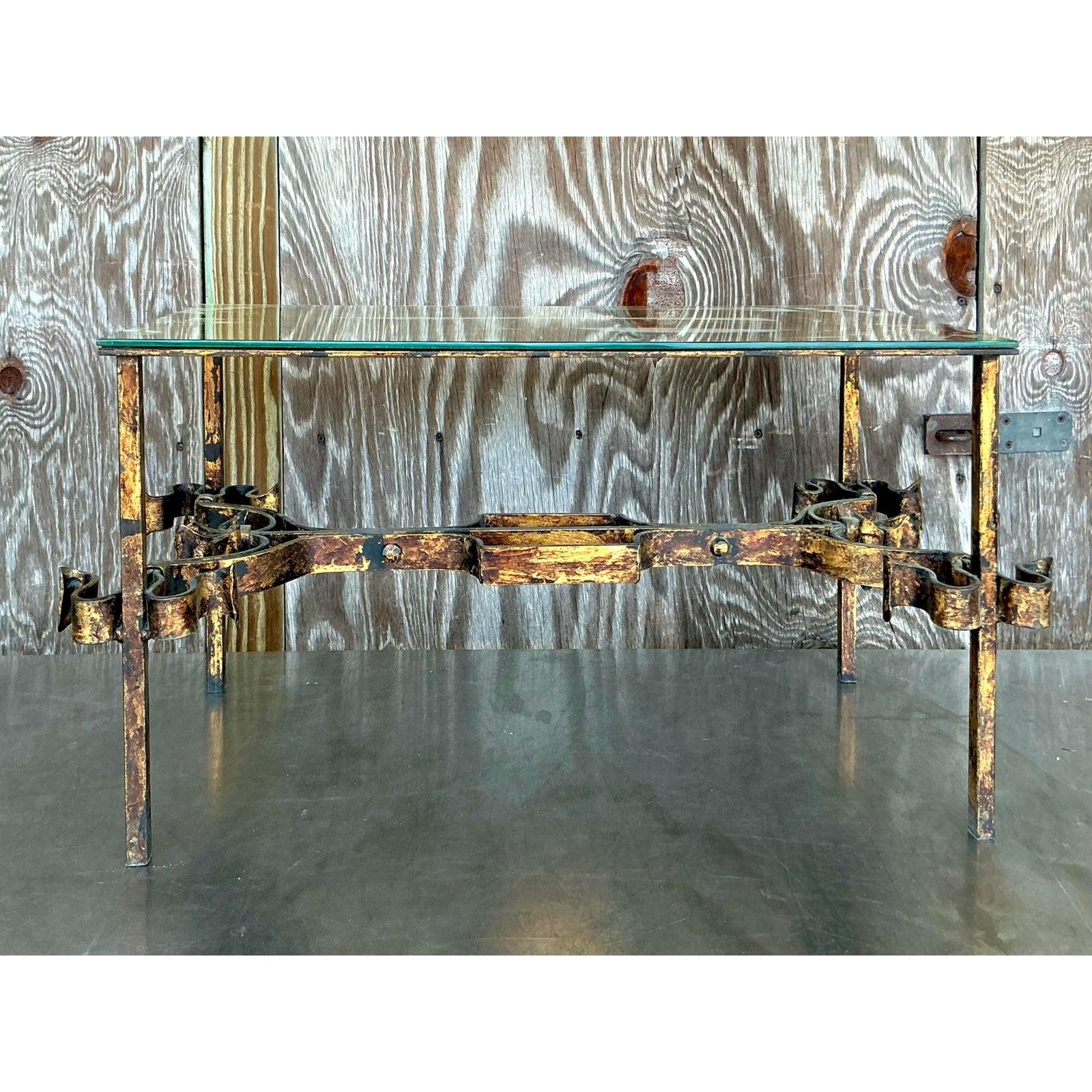 Vintage Regency Gilt Tipped Wrought Iron Coffee Table For Sale 4