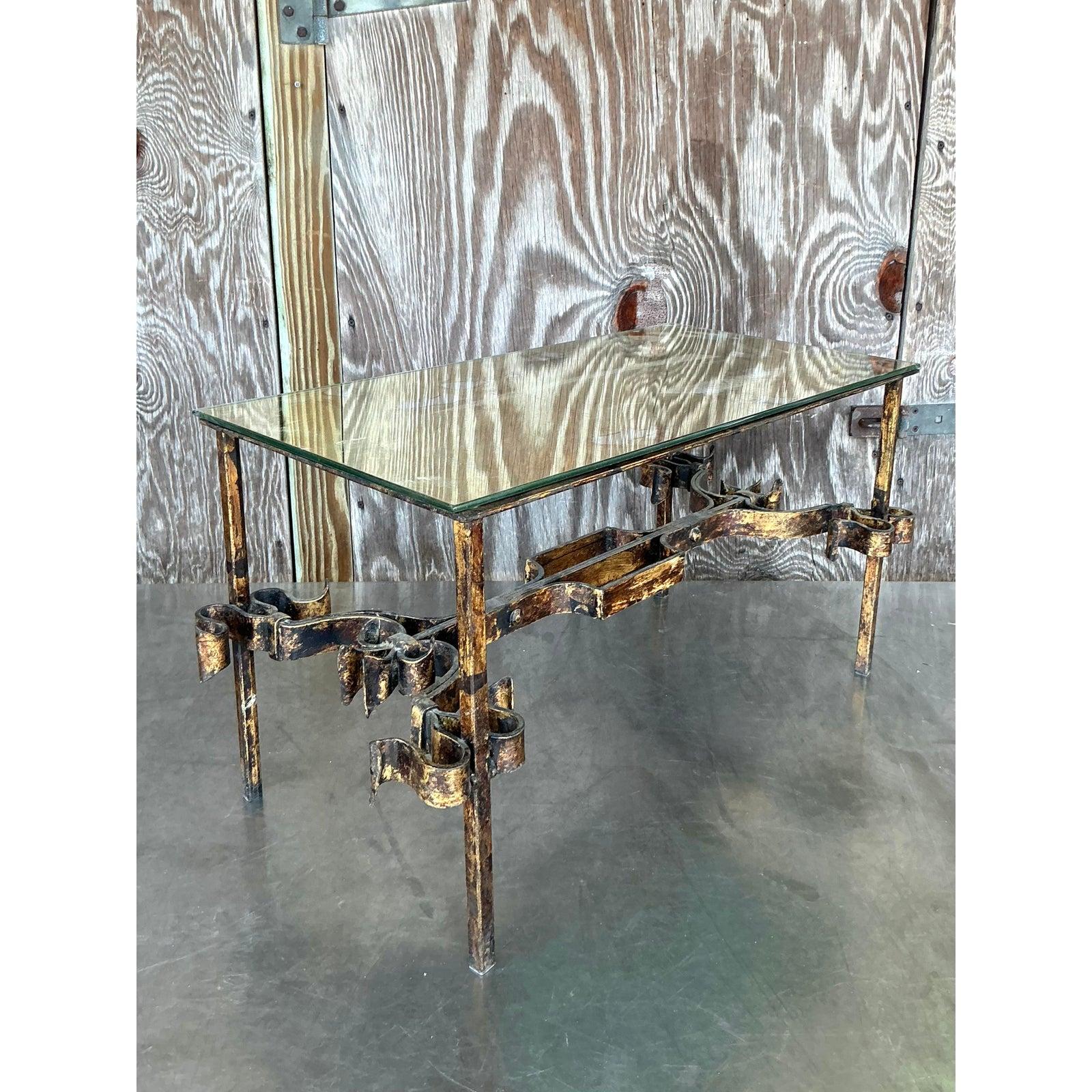 Vintage Regency Gilt Tipped Wrought Iron Coffee Table For Sale 5