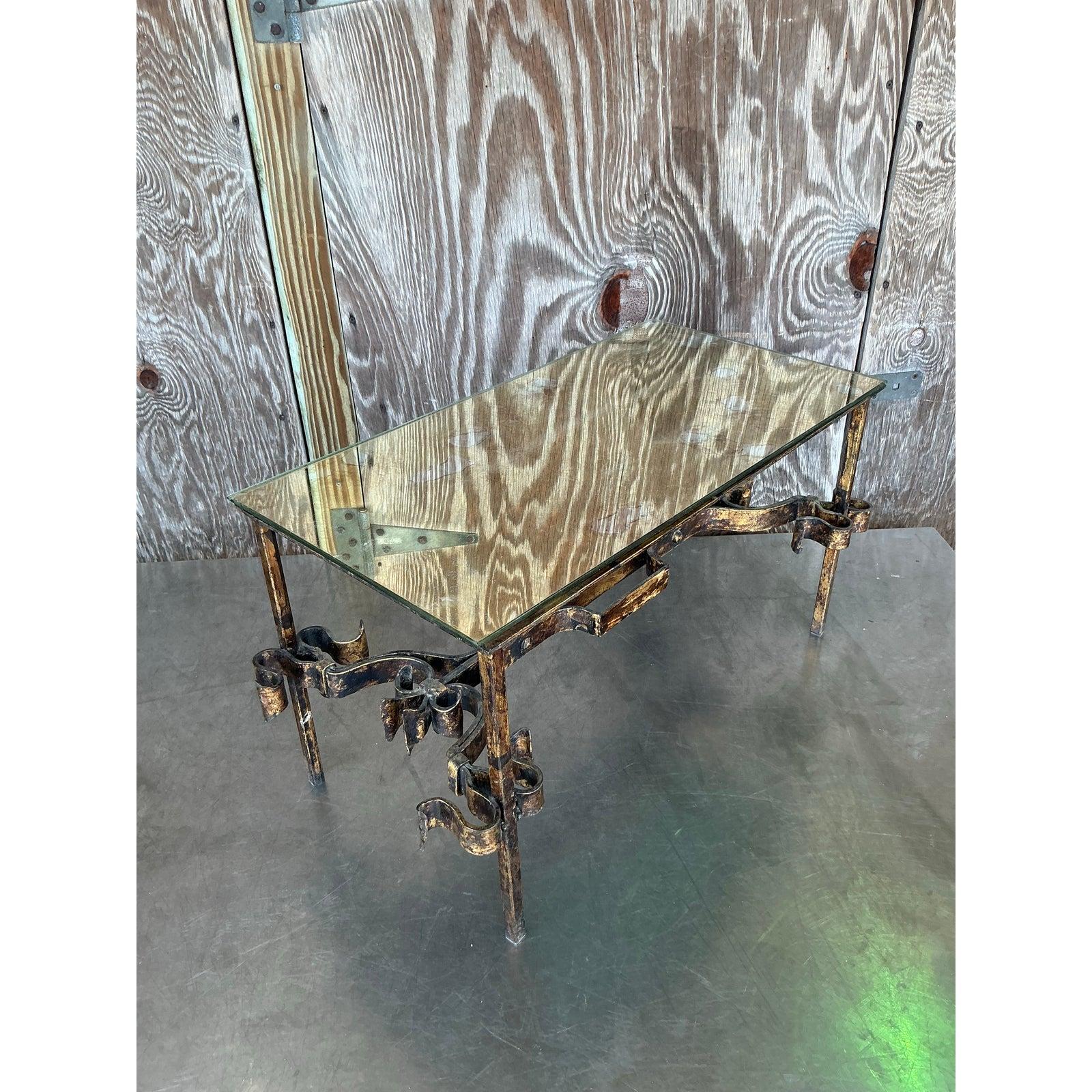 Hollywood Regency Vintage Regency Gilt Tipped Wrought Iron Coffee Table For Sale