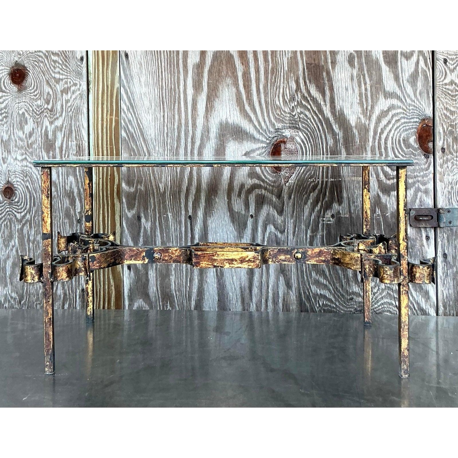 American Vintage Regency Gilt Tipped Wrought Iron Coffee Table For Sale
