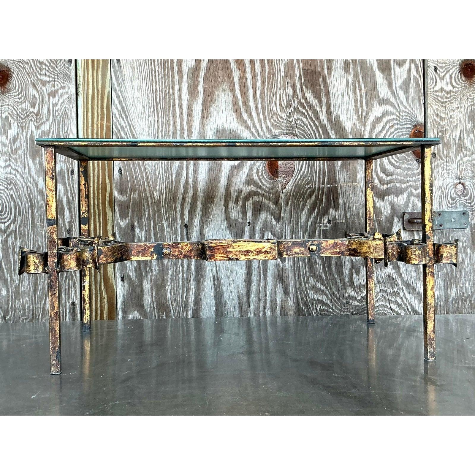 Vintage Regency Gilt Tipped Wrought Iron Coffee Table In Good Condition For Sale In West Palm Beach, FL