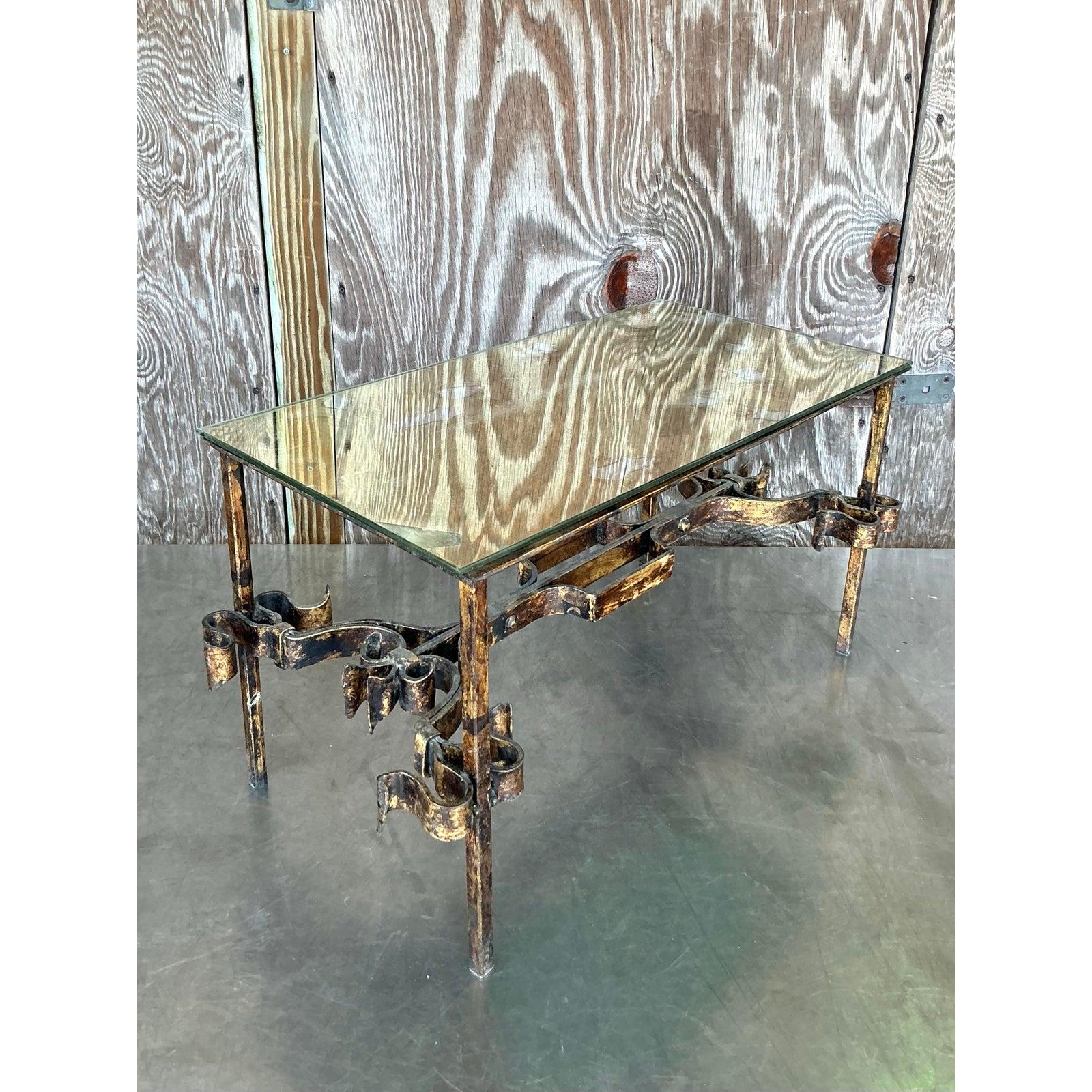 20th Century Vintage Regency Gilt Tipped Wrought Iron Coffee Table For Sale