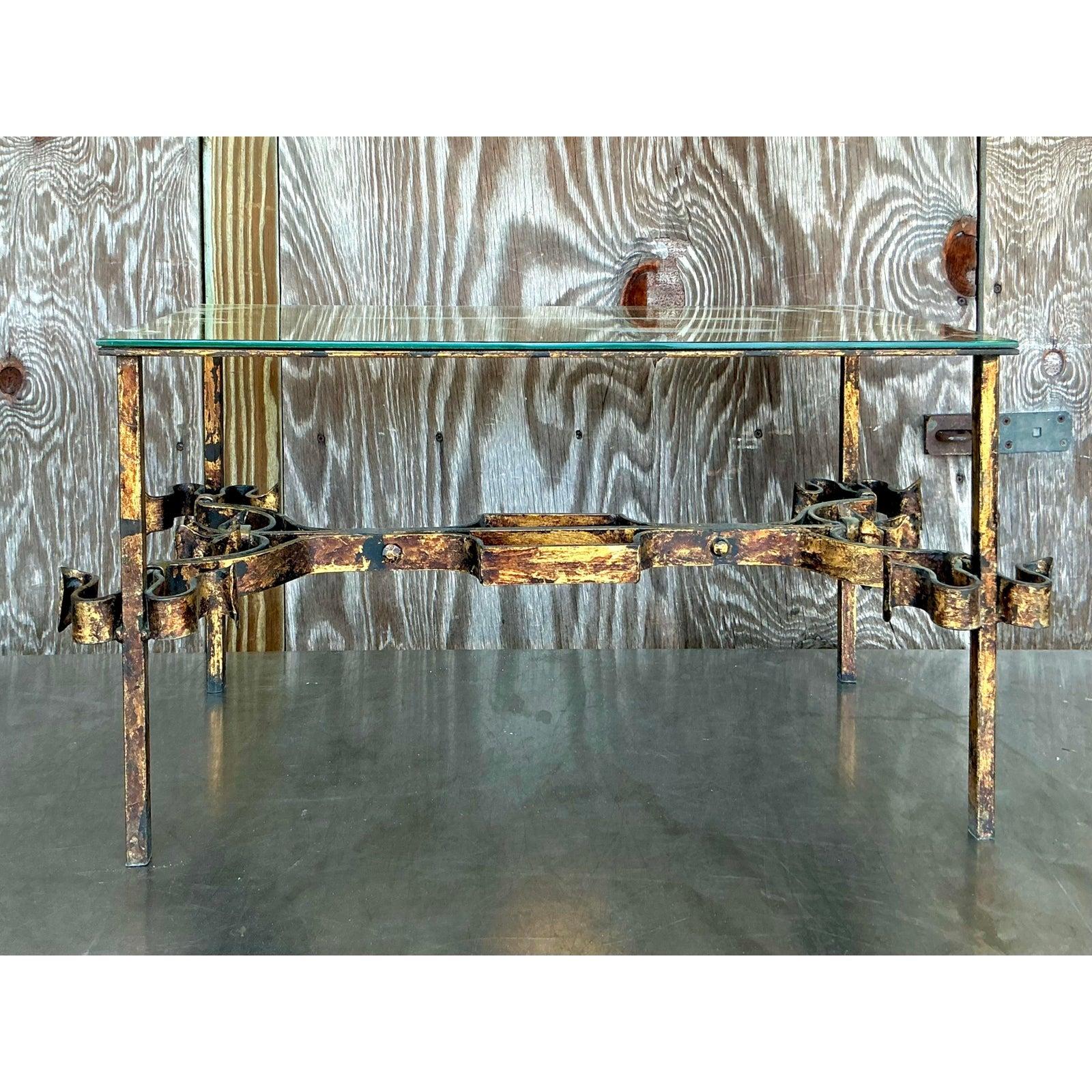 Glass Vintage Regency Gilt Tipped Wrought Iron Coffee Table For Sale