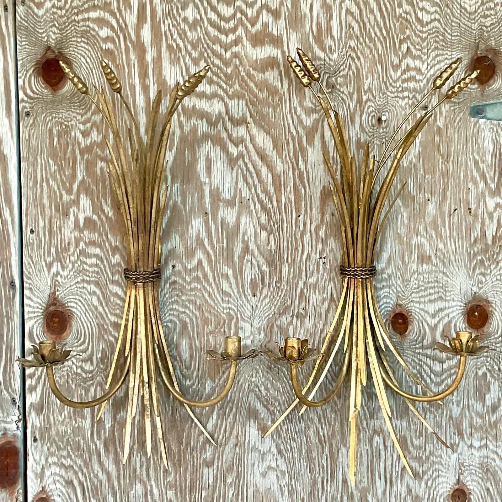 Vintage Regency Gilt Wheat Sheath Candle Sconces - a Pair In Good Condition In west palm beach, FL