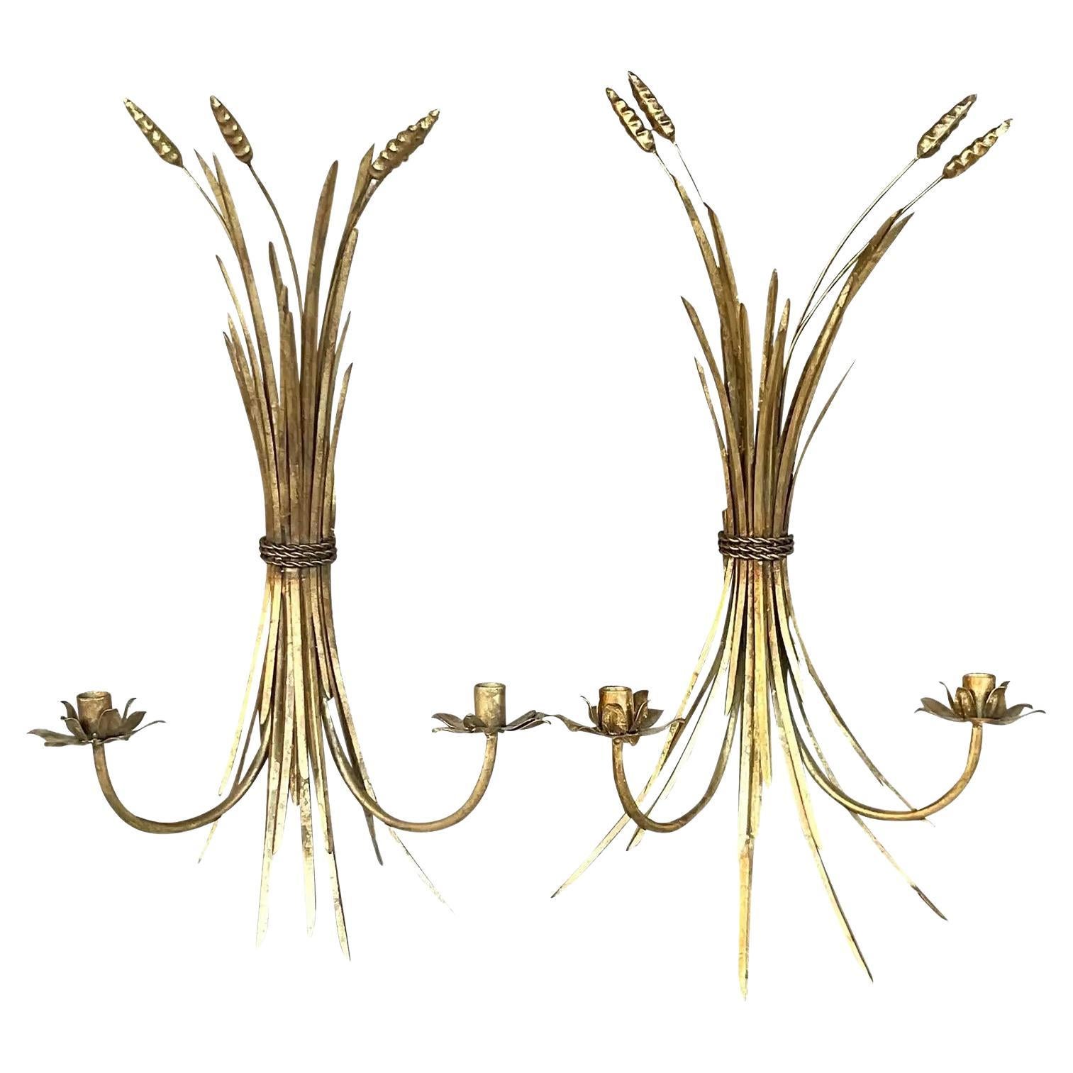 Vintage Regency Gilt Wheat Sheath Candle Sconces - a Pair