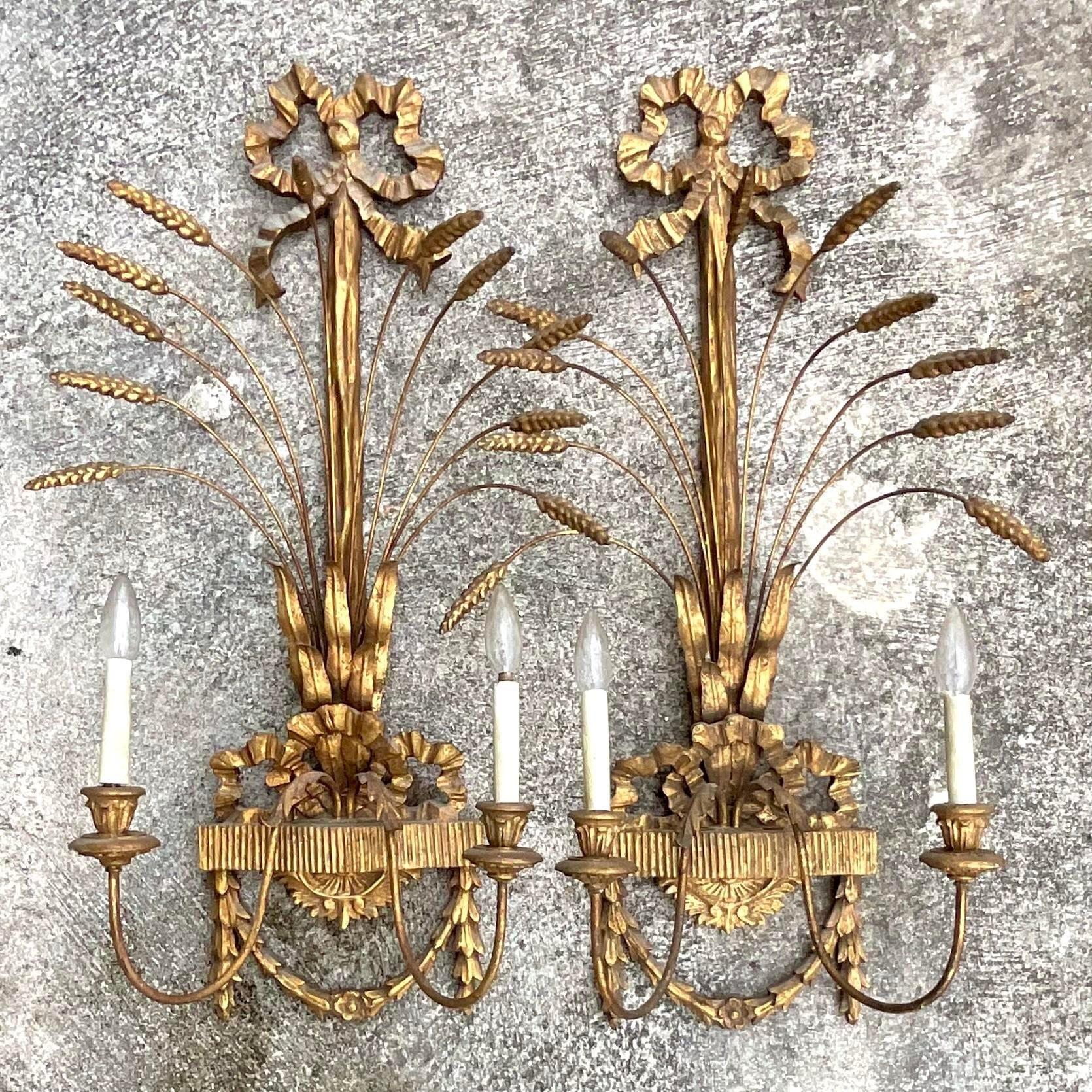 American Vintage Regency Gilt Wheat Wall Sconces - a Pair