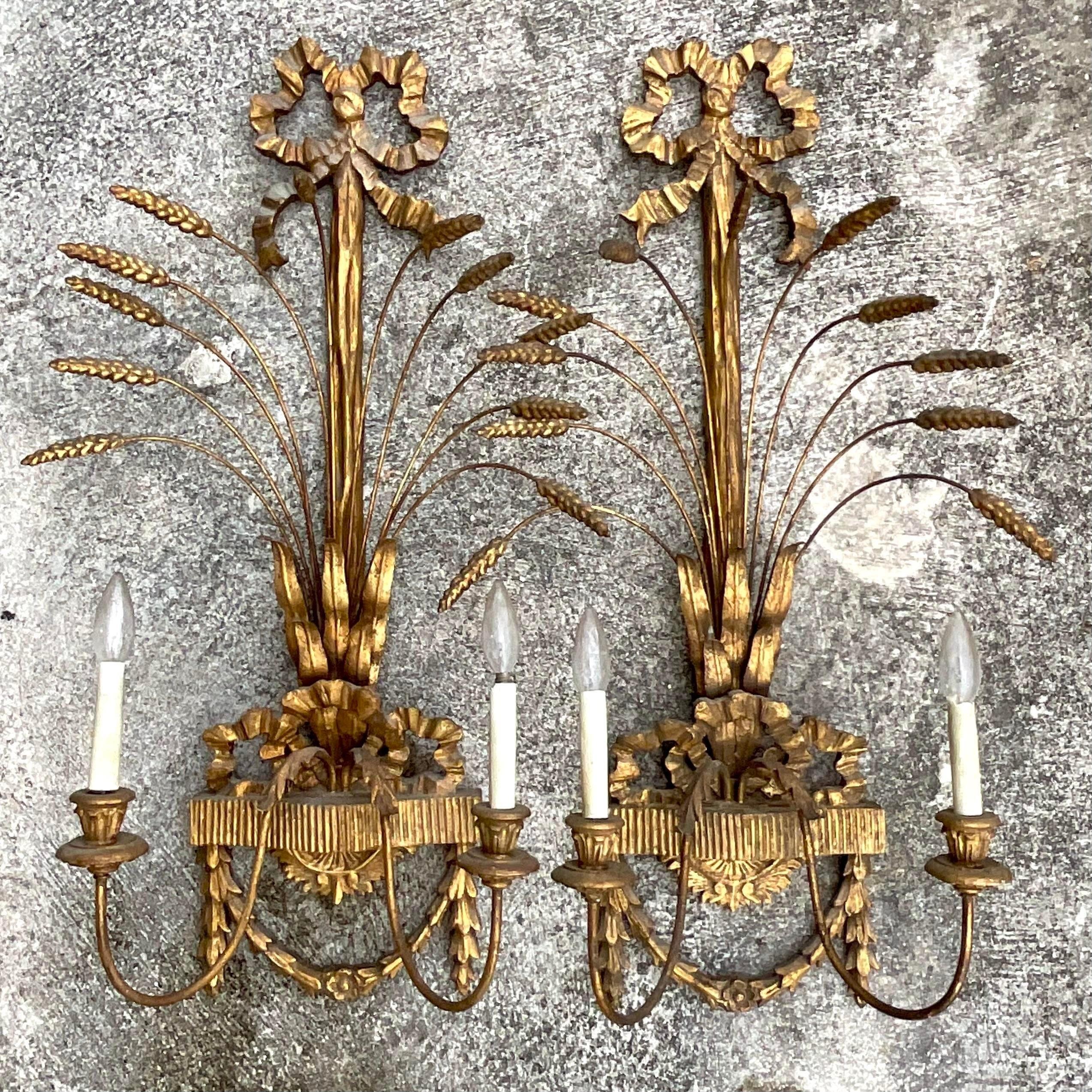 Vintage Regency Gilt Wheat Wall Sconces - a Pair In Good Condition In West Palm Beach, FL