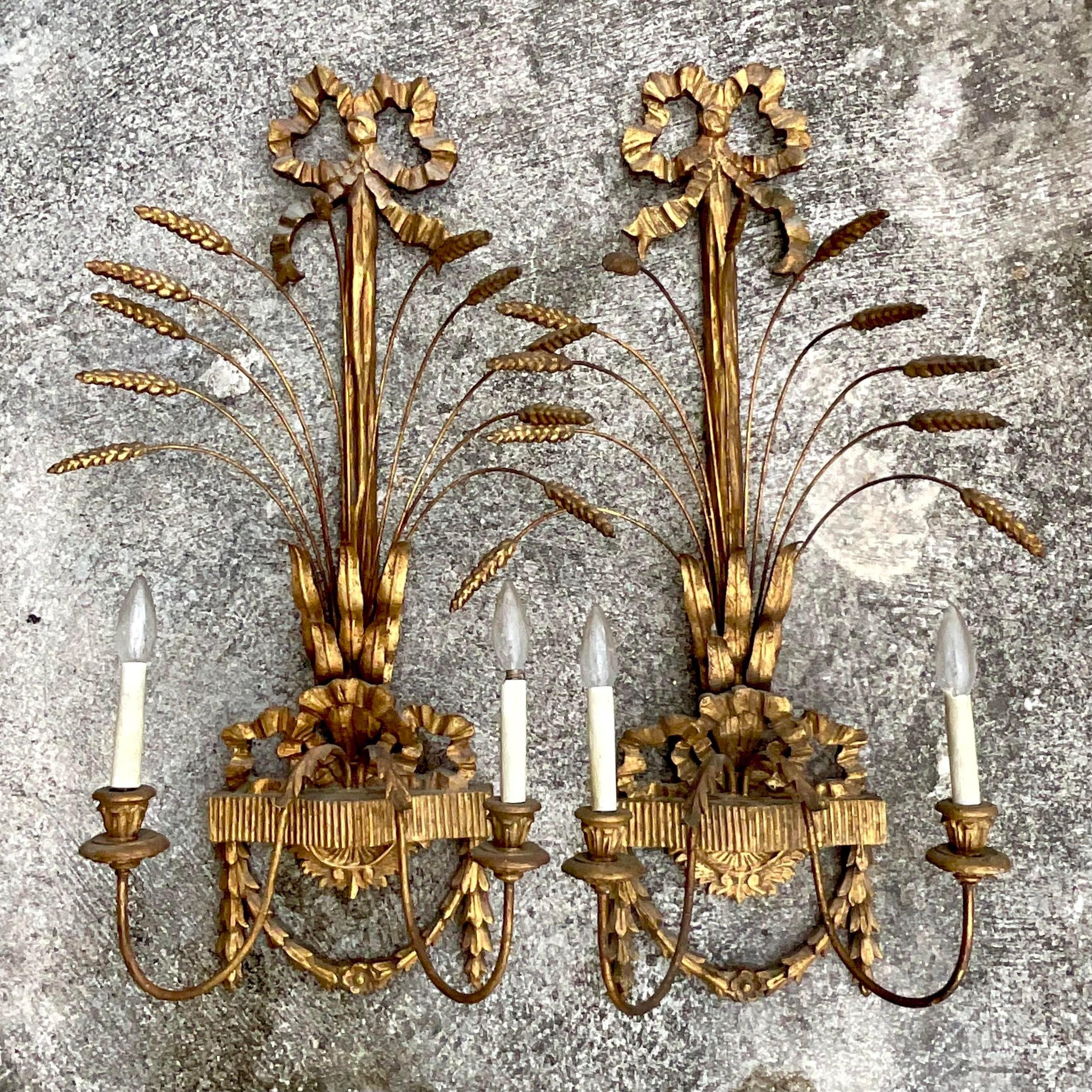 20th Century Vintage Regency Gilt Wheat Wall Sconces - a Pair