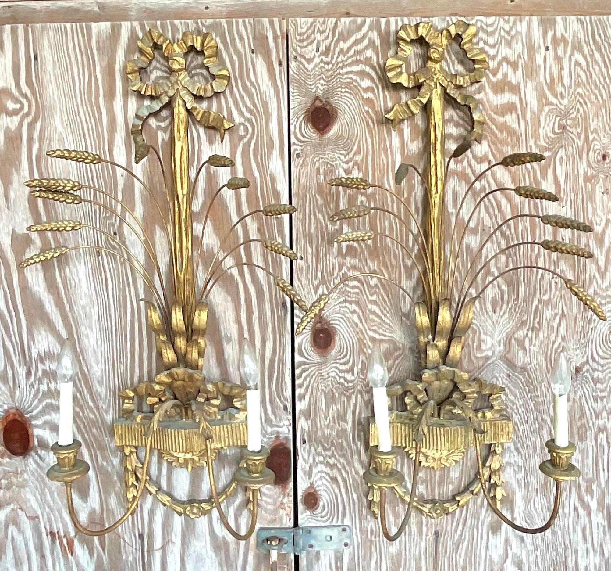 Metal Vintage Regency Gilt Wheat Wall Sconces - a Pair