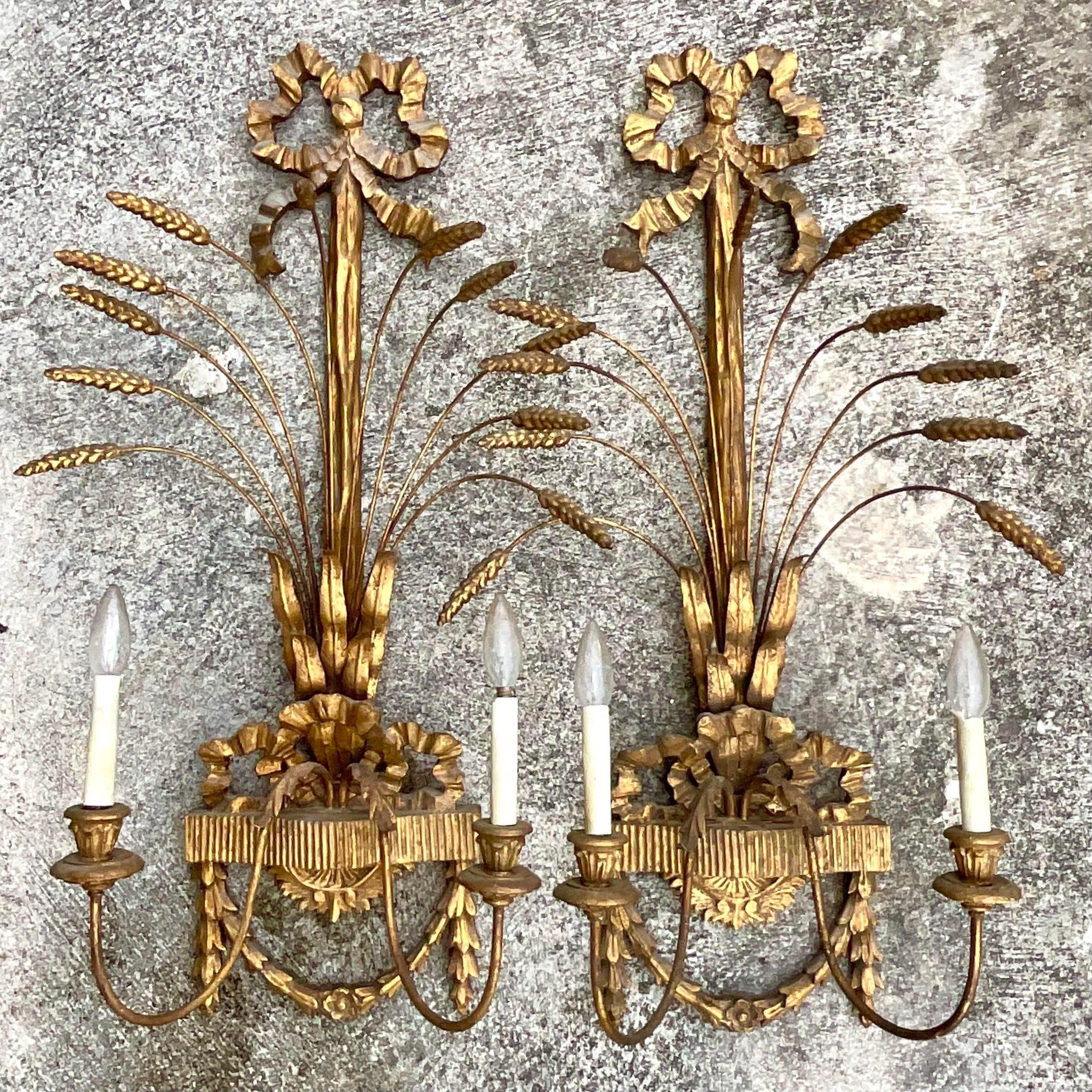 Vintage Regency Gilt Wheat Wall Sconces - a Pair 1