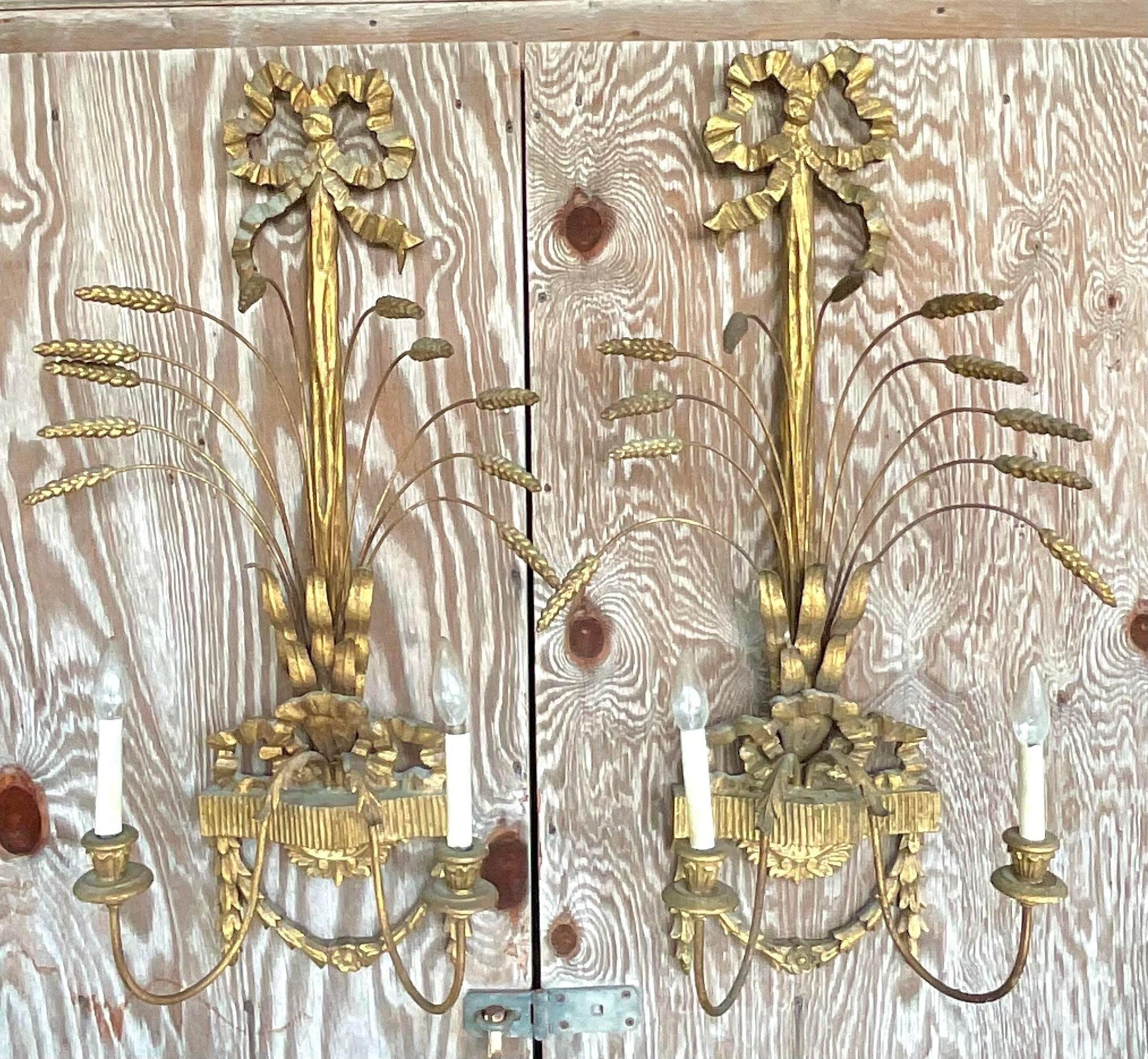 Vintage Regency Gilt Wheat Wall Sconces - a Pair 2