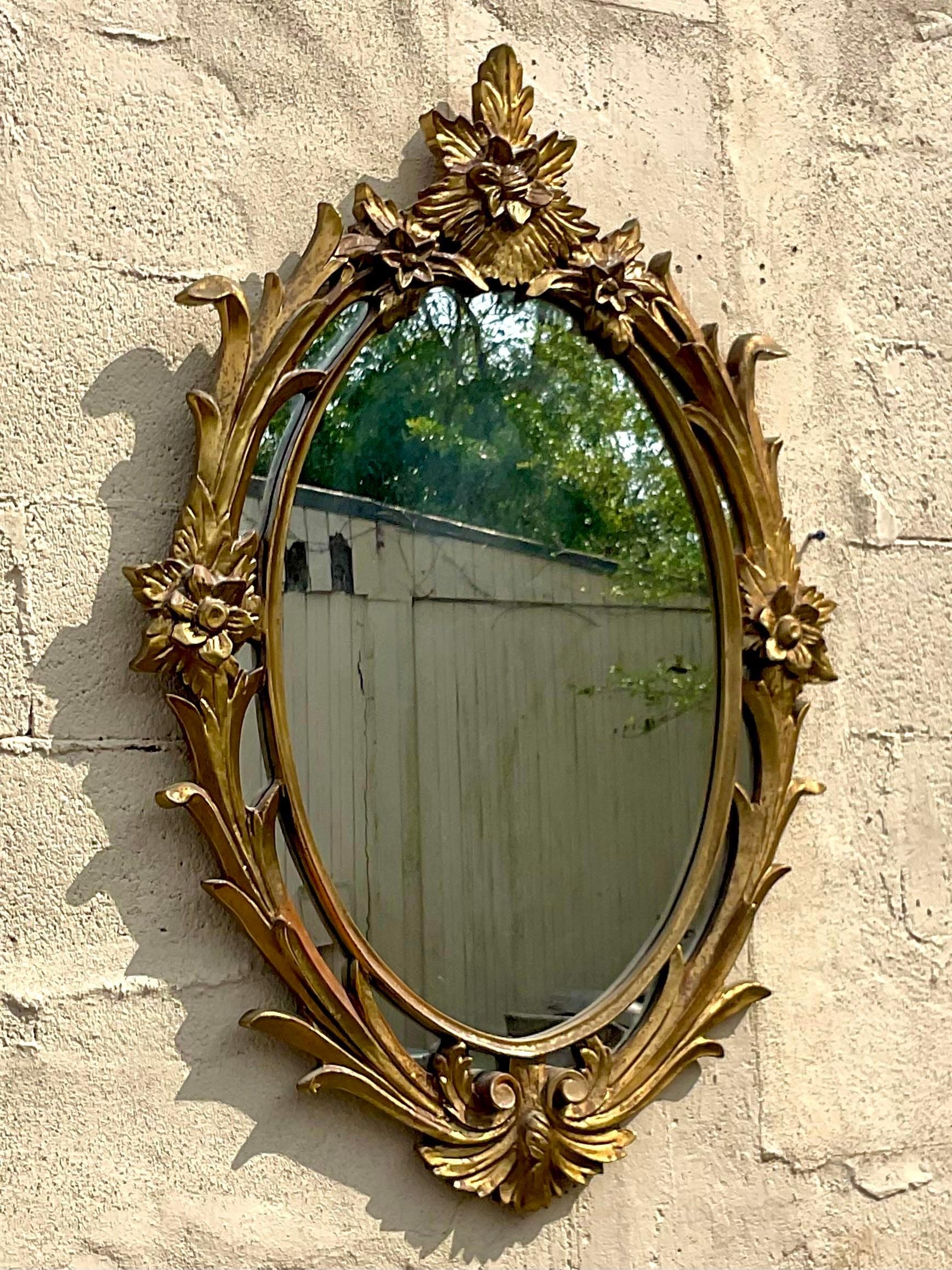 20th Century Vintage Regency Gilt Wood Floral Mirror For Sale