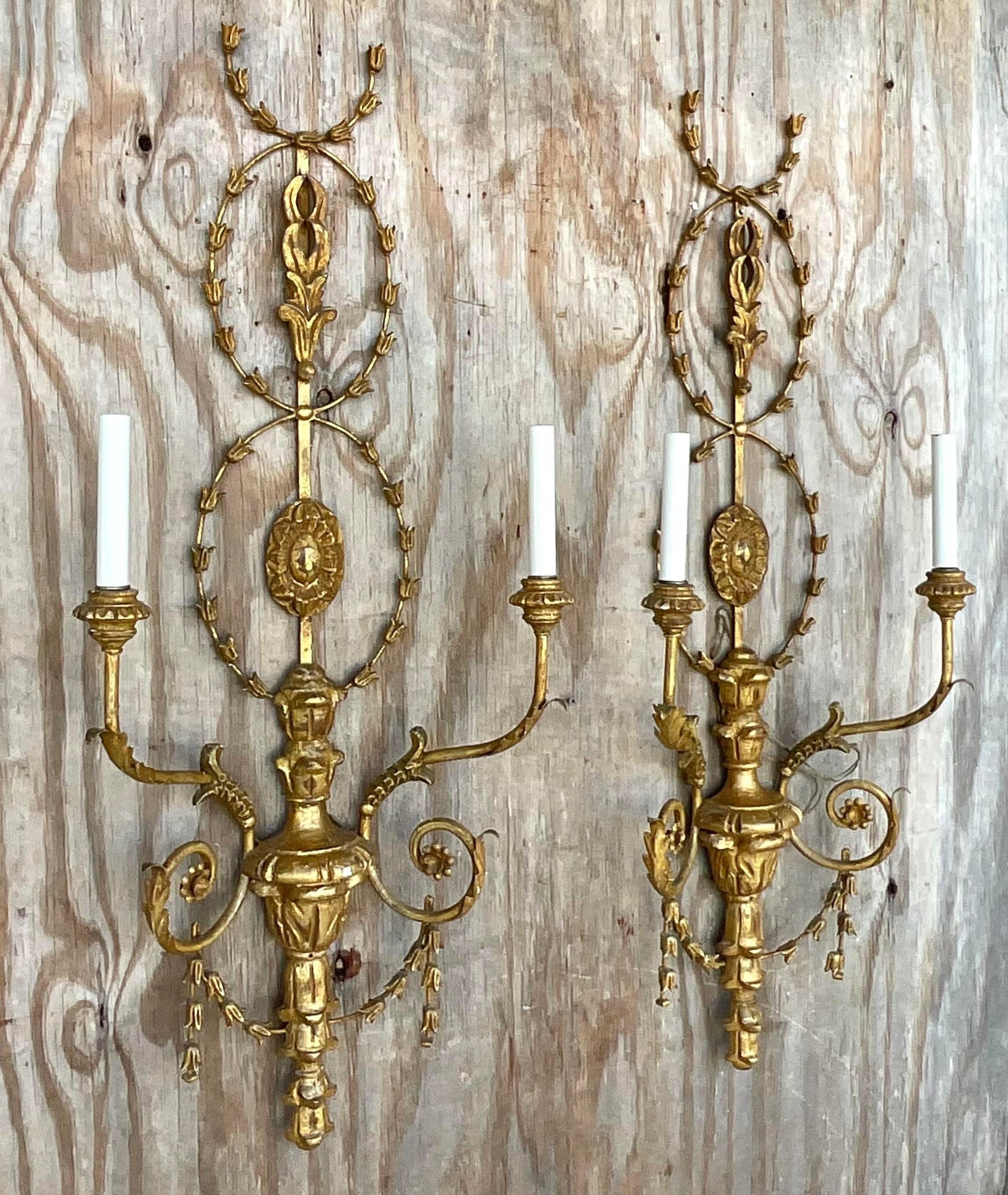 American Vintage Regency Gilt Wood Garland Wall Sconces - a Pair For Sale