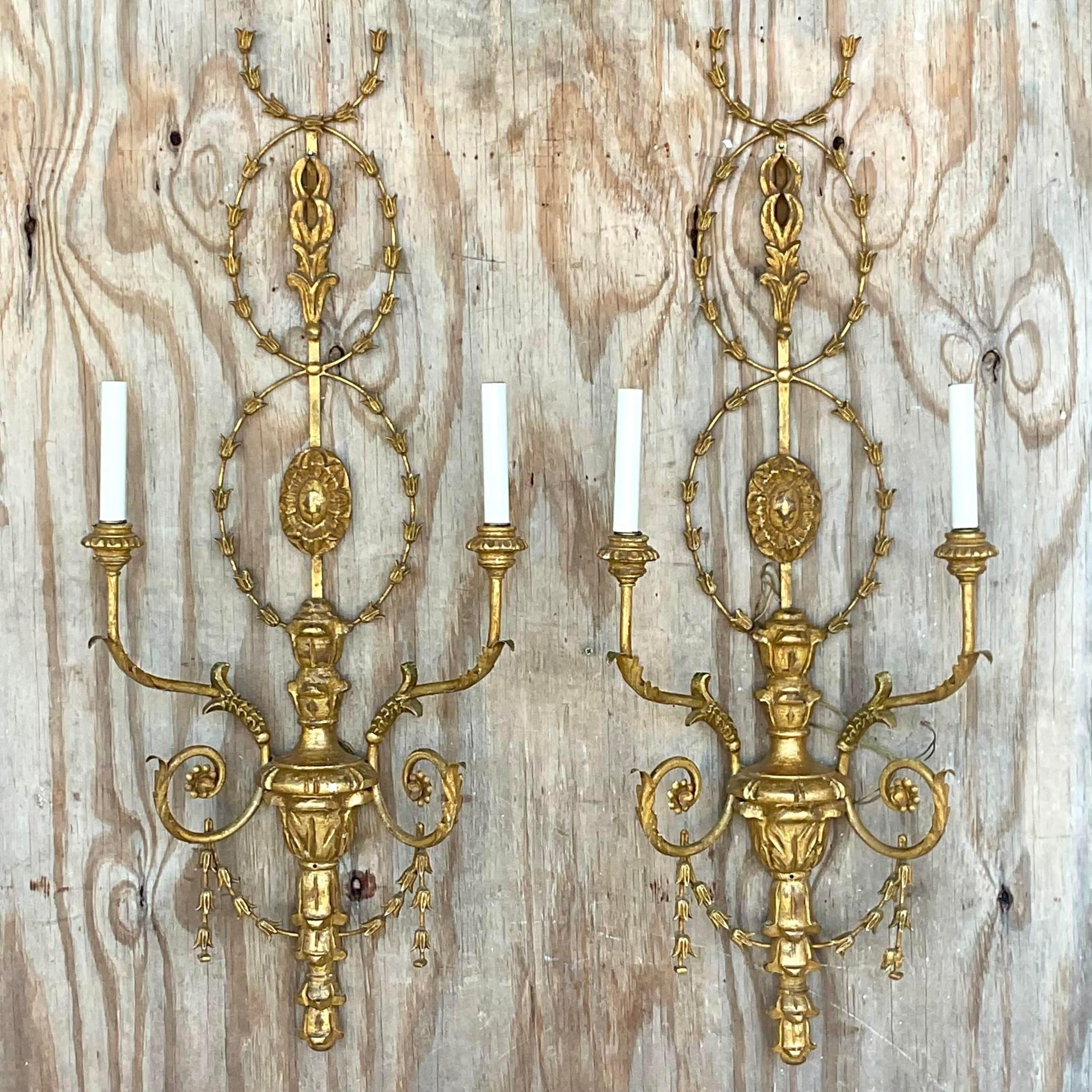 Vintage Regency Gilt Wood Garland Wall Sconces - a Pair In Good Condition For Sale In west palm beach, FL