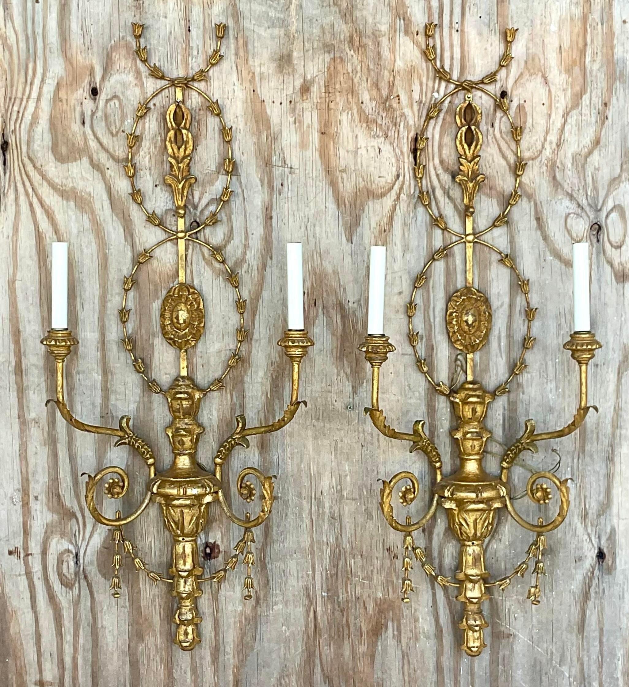20th Century Vintage Regency Gilt Wood Garland Wall Sconces - a Pair For Sale
