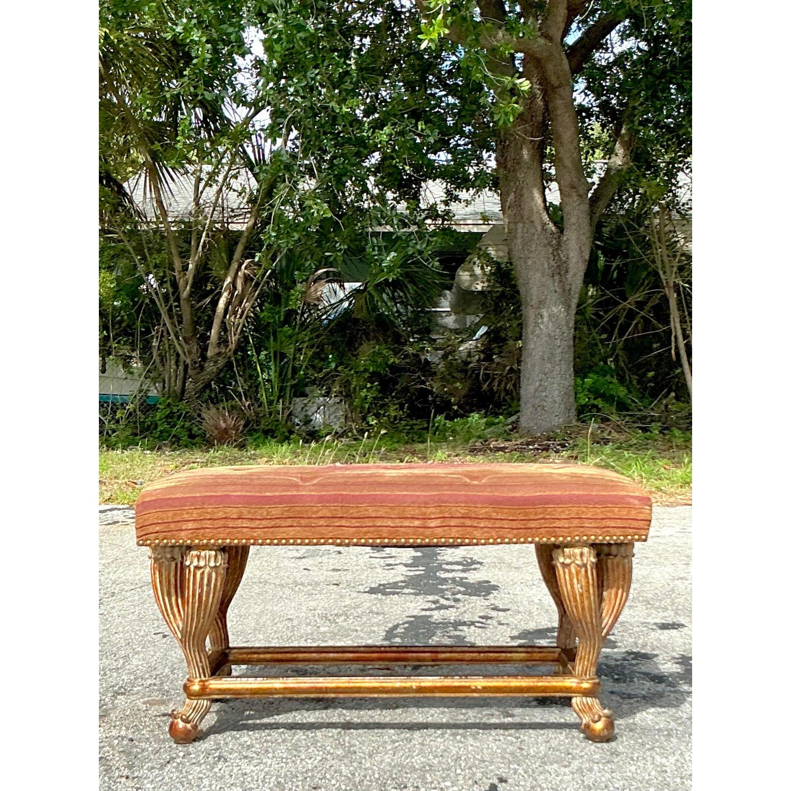 Tissu d'ameublement Banc Vintage Regency en bois doré en vente