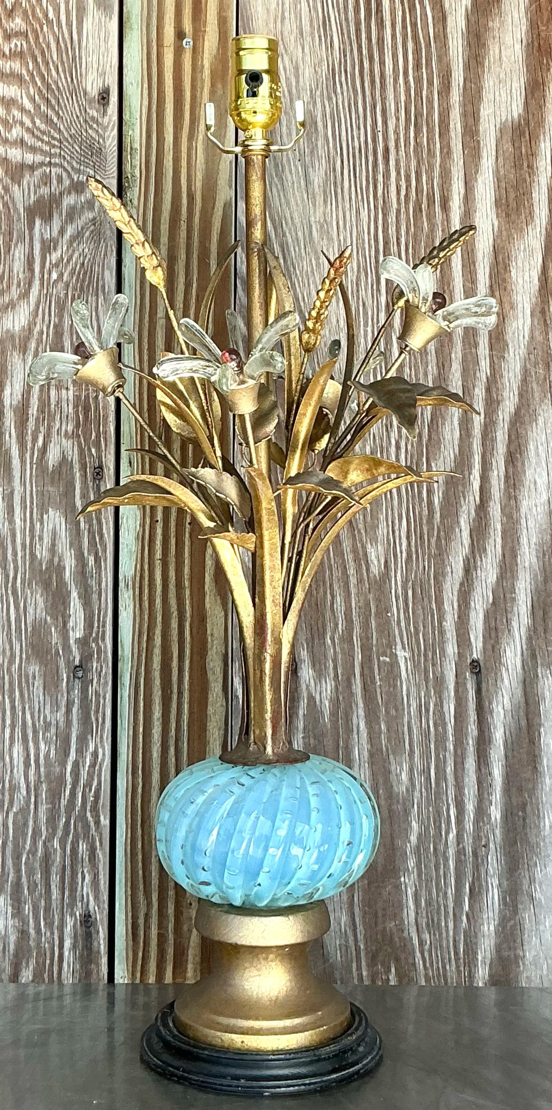 Italian Vintage Regency Glass Floral Lamp After Murano For Sale
