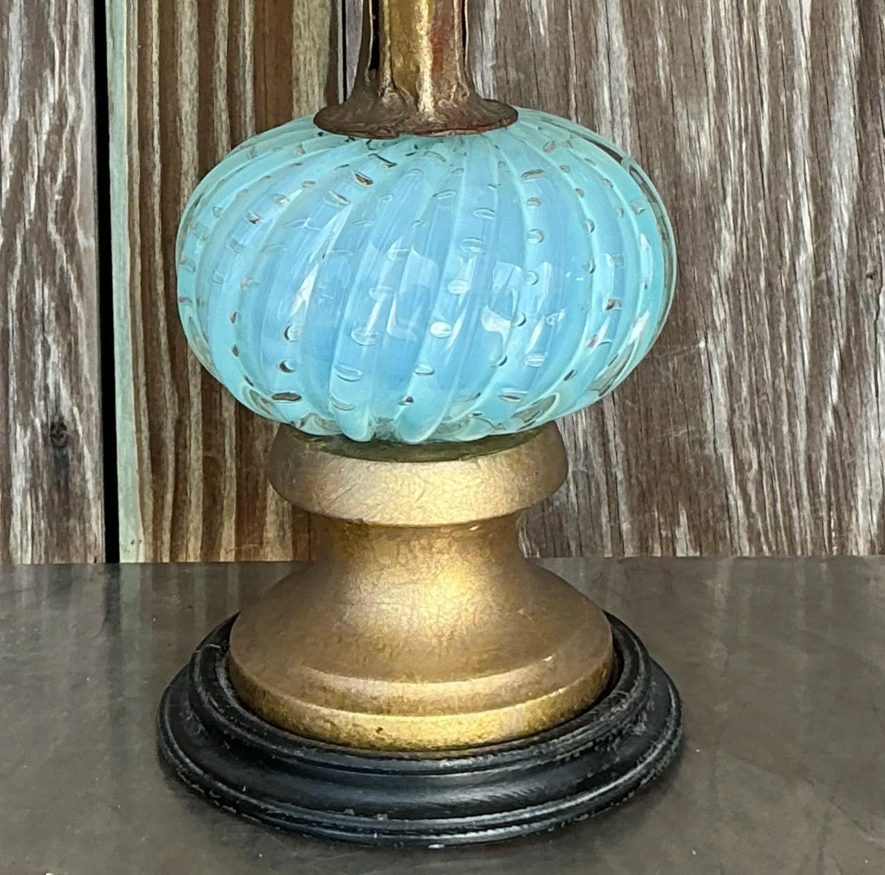 Vintage Regency Glass Floral Lamp After Murano In Good Condition For Sale In west palm beach, FL