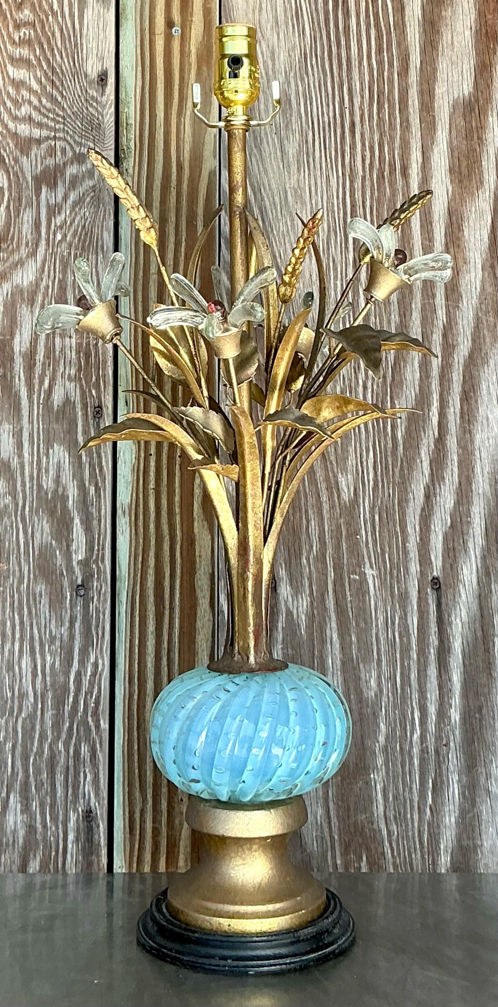 Metal Vintage Regency Glass Floral Lamp After Murano For Sale