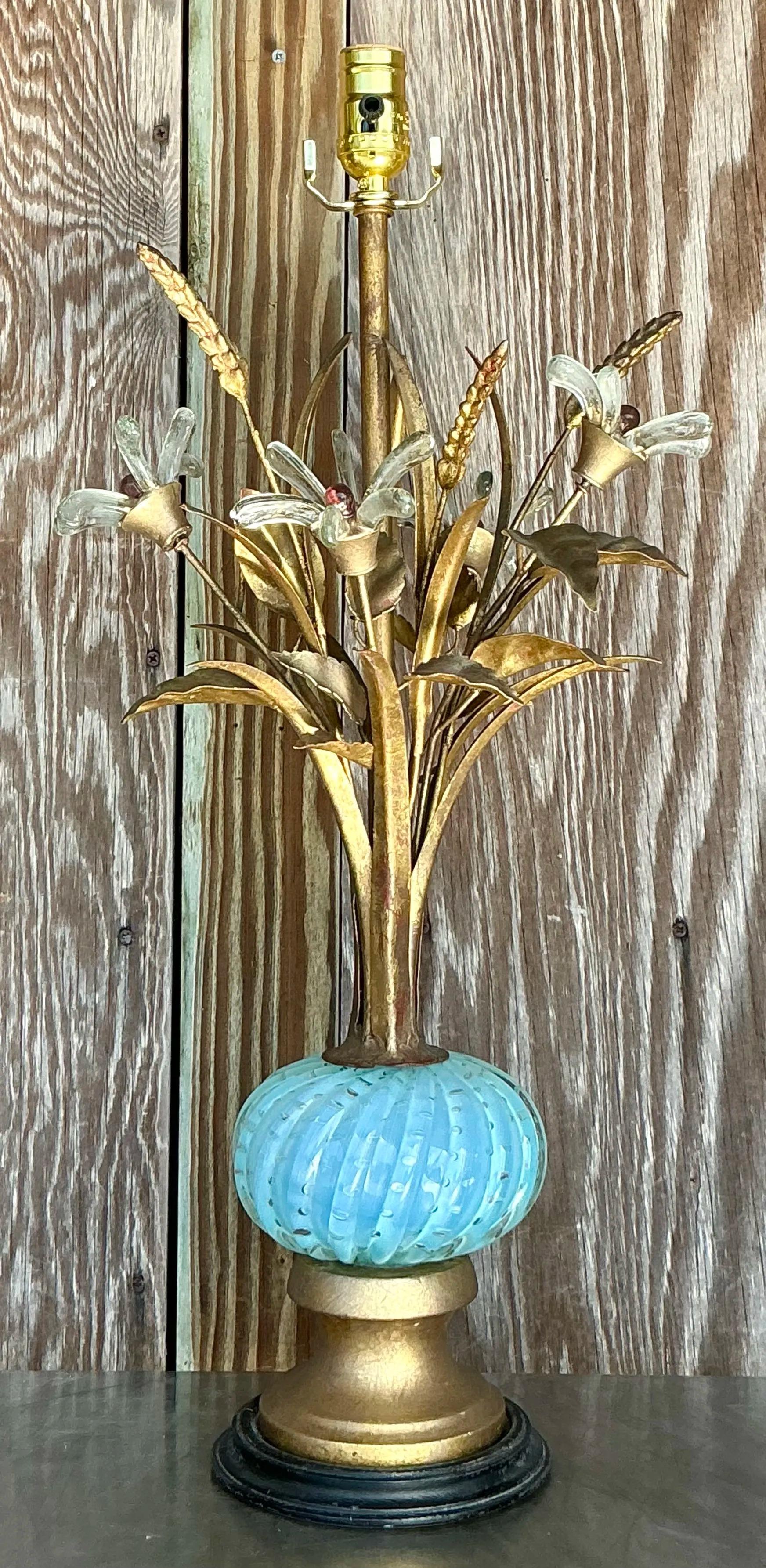 Vintage Regency Glass Floral Lamp After Murano For Sale 1