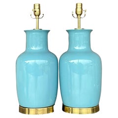 Vintage Regency Glazed Aqua Ceramic Lamp with Brass Plinth, a Pair