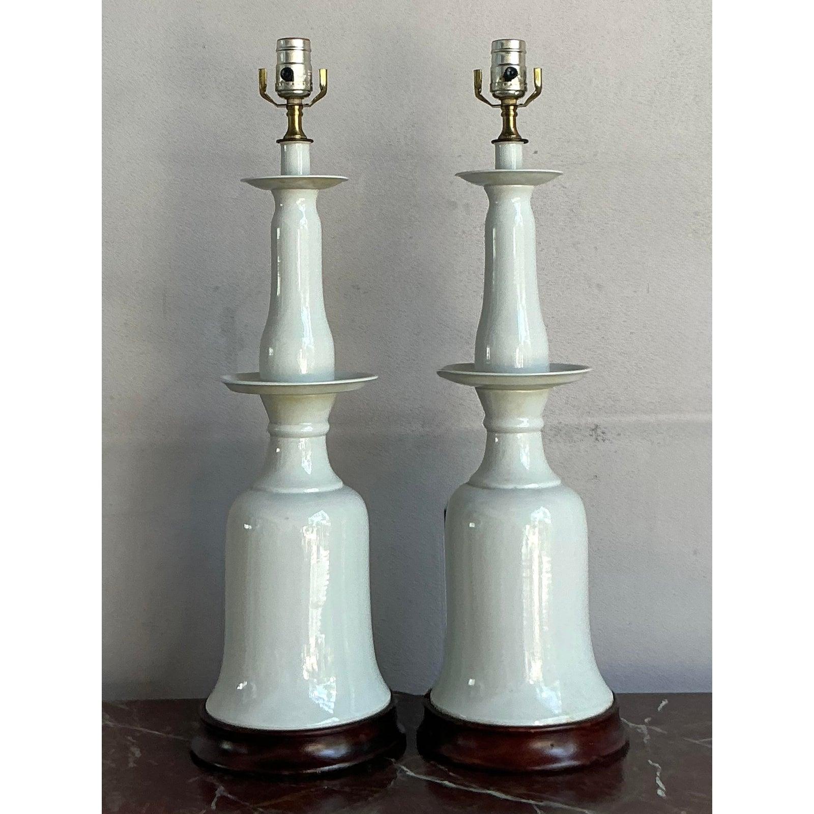 Mid-Century Modern Vintage Regency Glazed Ceramic Bell Lamps - A Pair For Sale