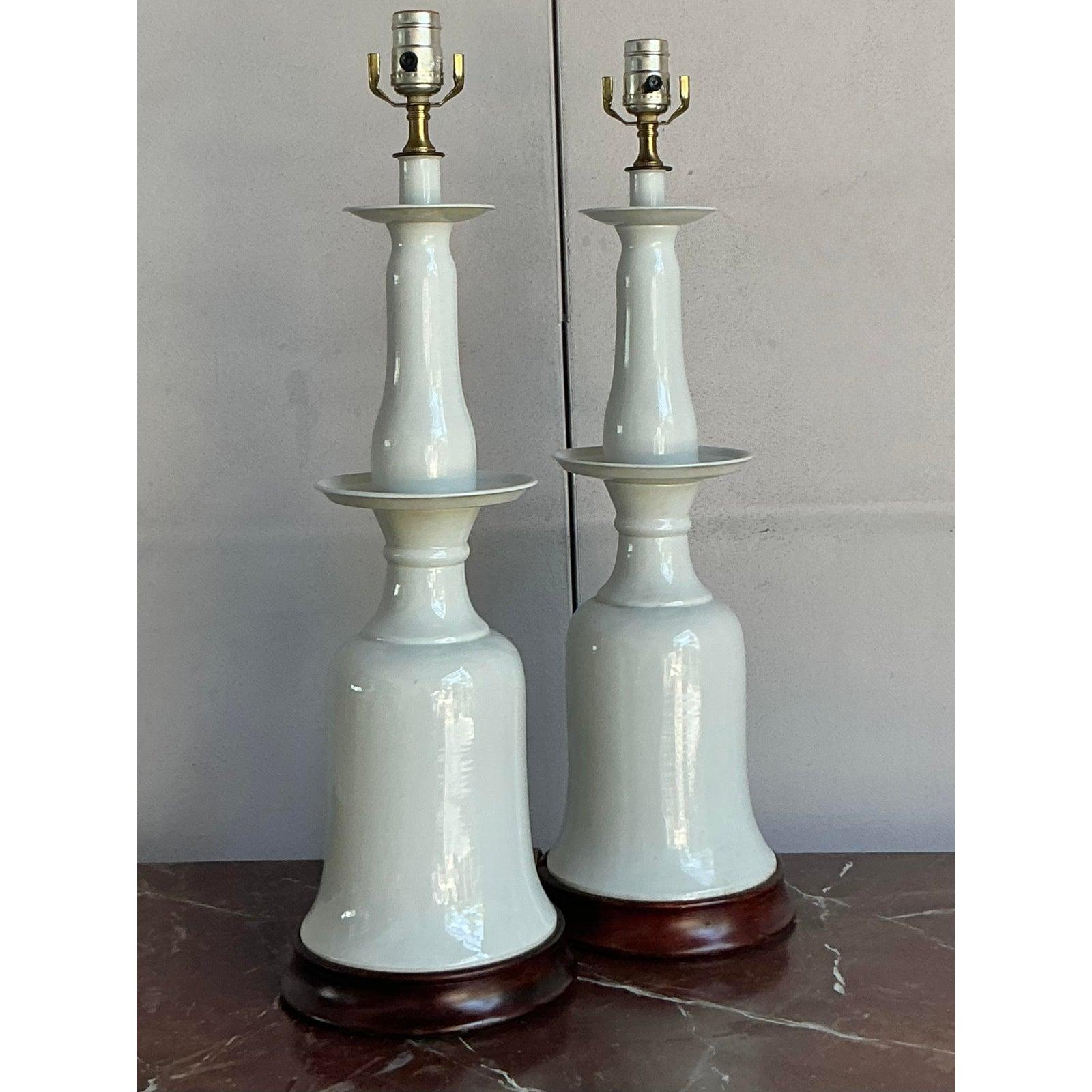 American Vintage Regency Glazed Ceramic Bell Lamps - A Pair For Sale