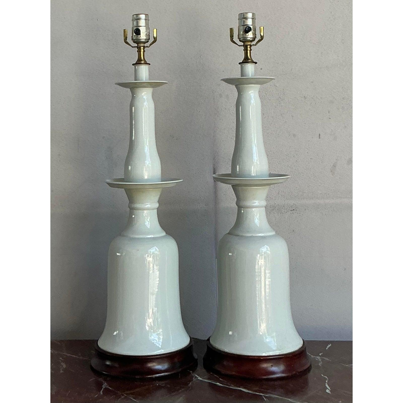 Vintage Regency Glazed Ceramic Bell Lamps - A Pair In Good Condition For Sale In West Palm Beach, FL