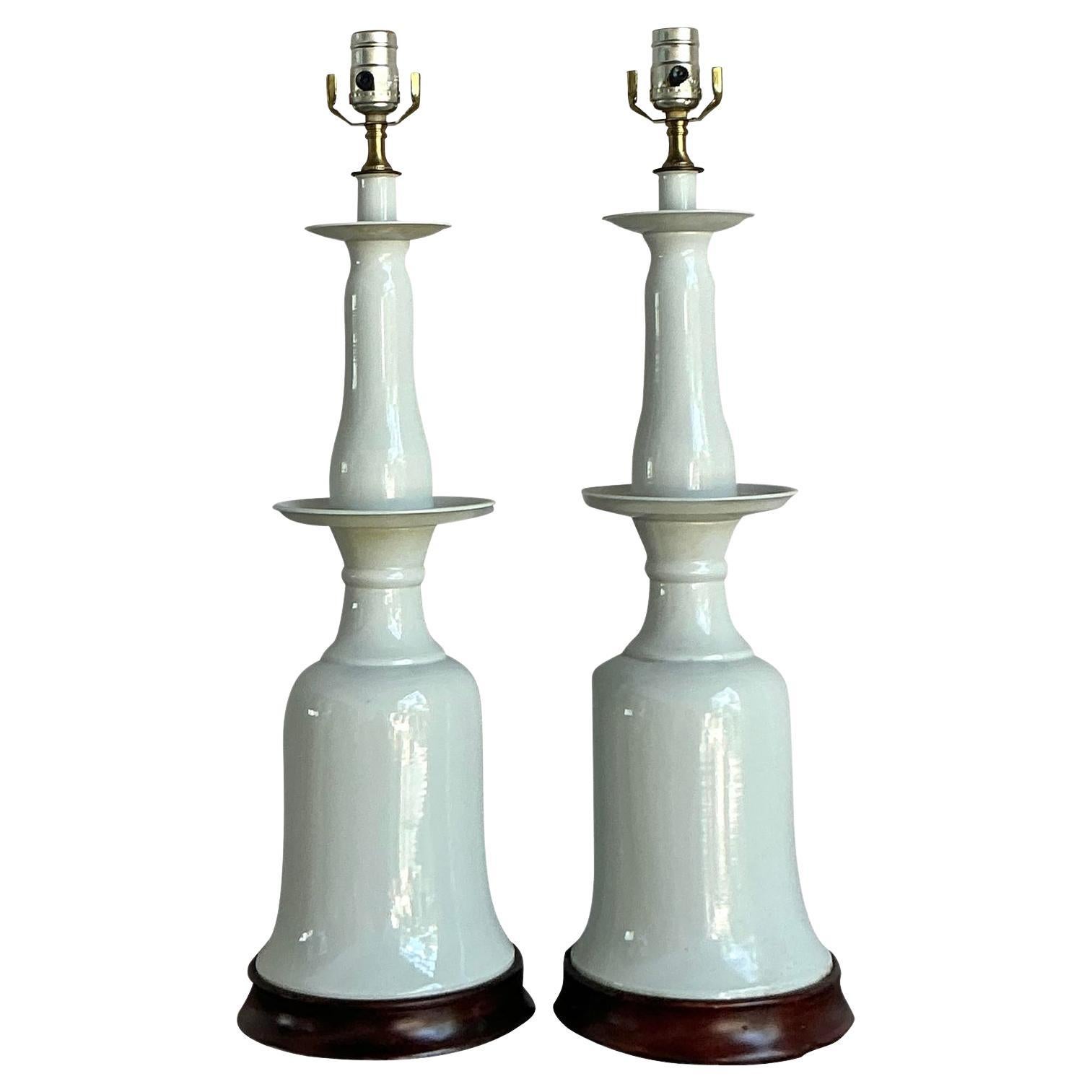 Vintage Regency Glazed Ceramic Bell Lamps - A Pair For Sale