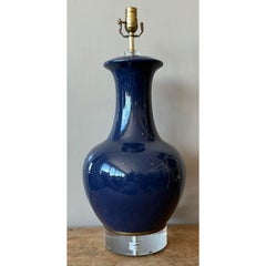 Vintage Regency Glazed Ceramic Bottle Lamp on Lucite Plinth