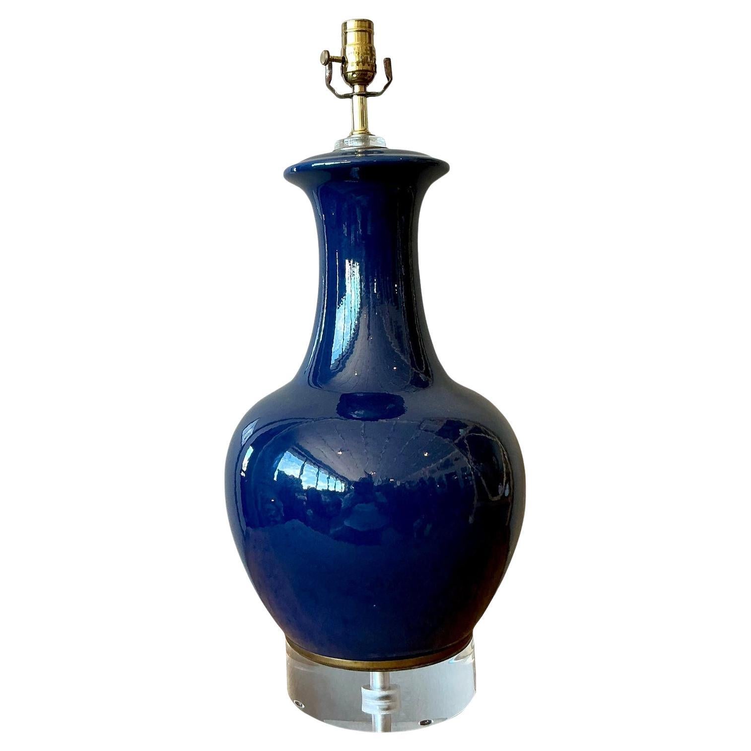 Vintage Regency Glazed Ceramic Bottle Lamp on Lucite Plinth For Sale