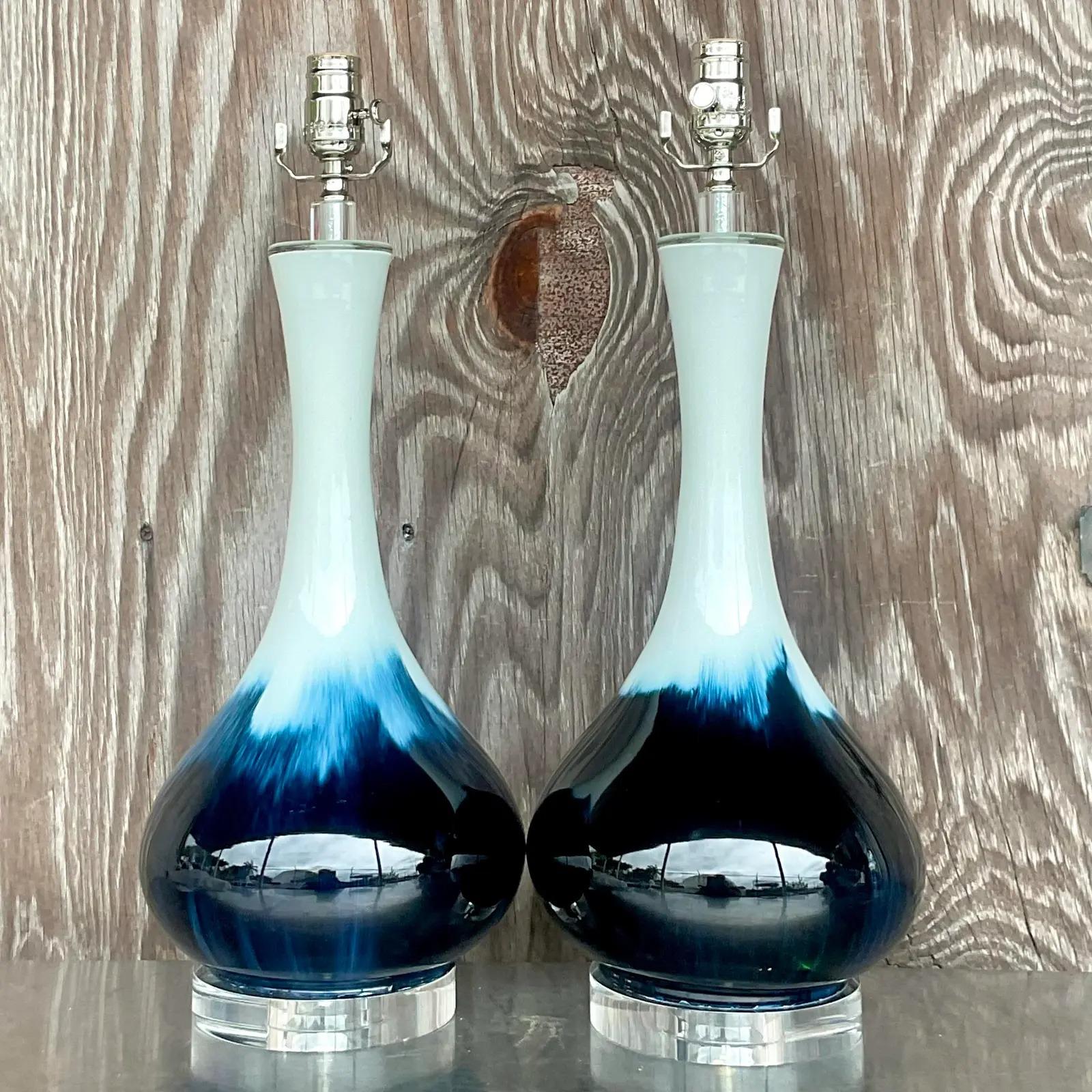 North American Vintage Regency Glazed Ceramic Bulb Lamps - a Pair For Sale