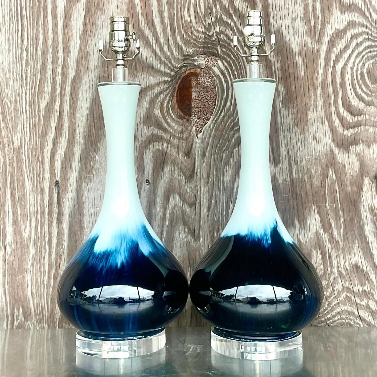 Vintage Regency Glazed Ceramic Bulb Lamps - a Pair In Good Condition For Sale In west palm beach, FL