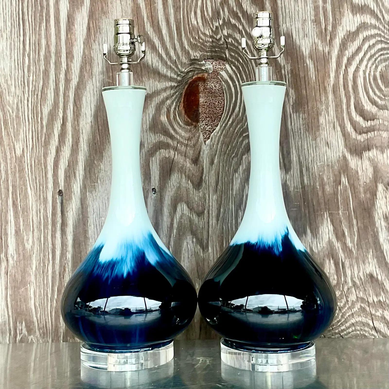 20th Century Vintage Regency Glazed Ceramic Bulb Lamps - a Pair For Sale