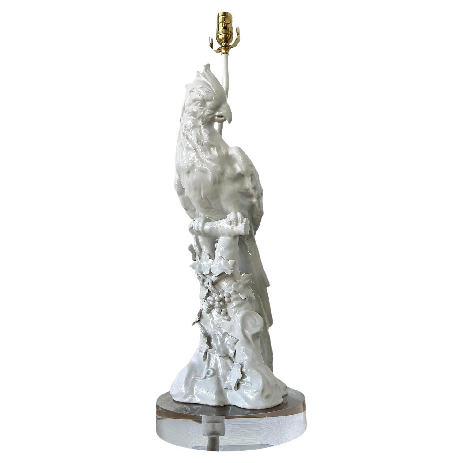 Vintage Regency Glazed Ceramic Ceramic Cockatoo Lamp For Sale