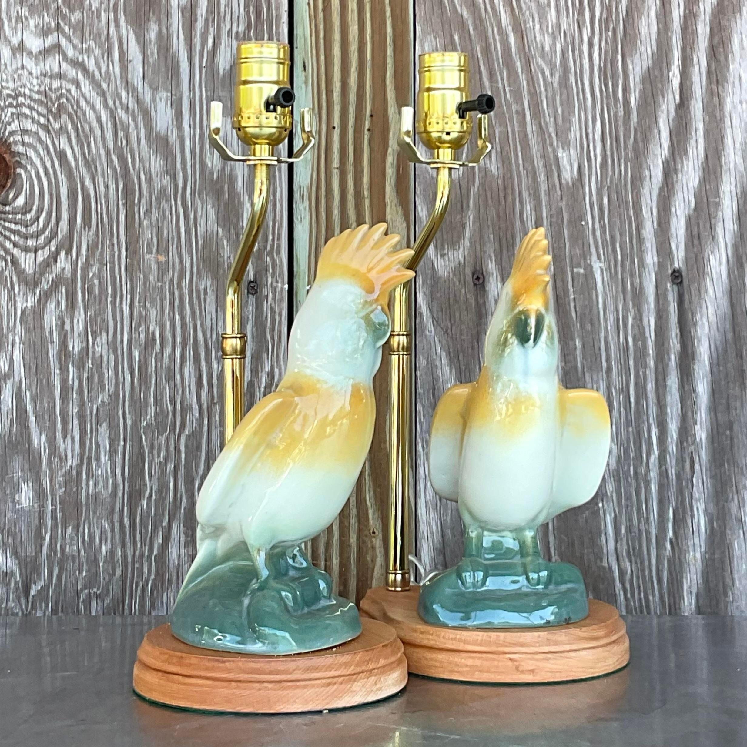American Vintage Regency Glazed Ceramic Cockatoo Lamps - a Pair