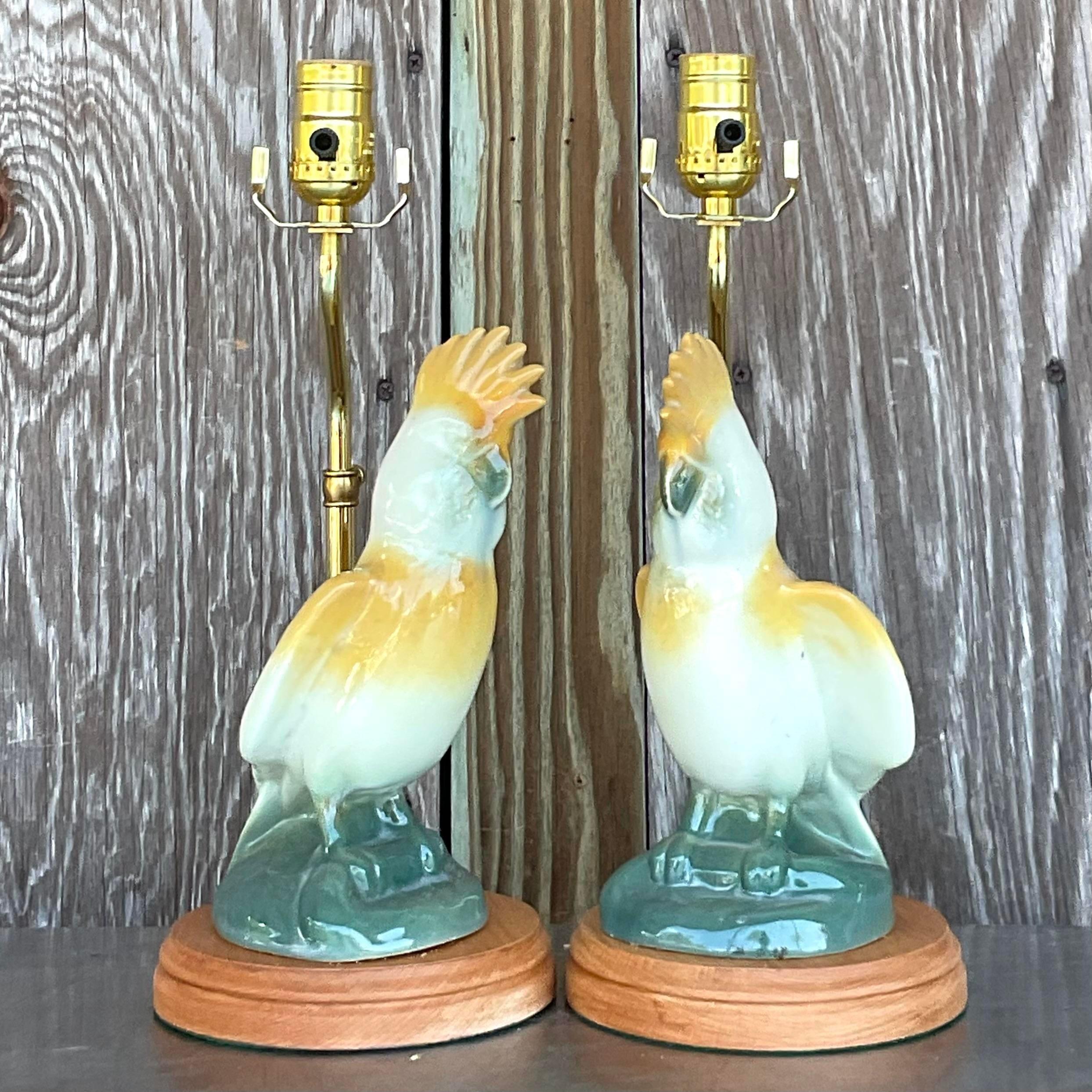 Vintage Regency Glazed Ceramic Cockatoo Lamps - a Pair In Good Condition In West Palm Beach, FL